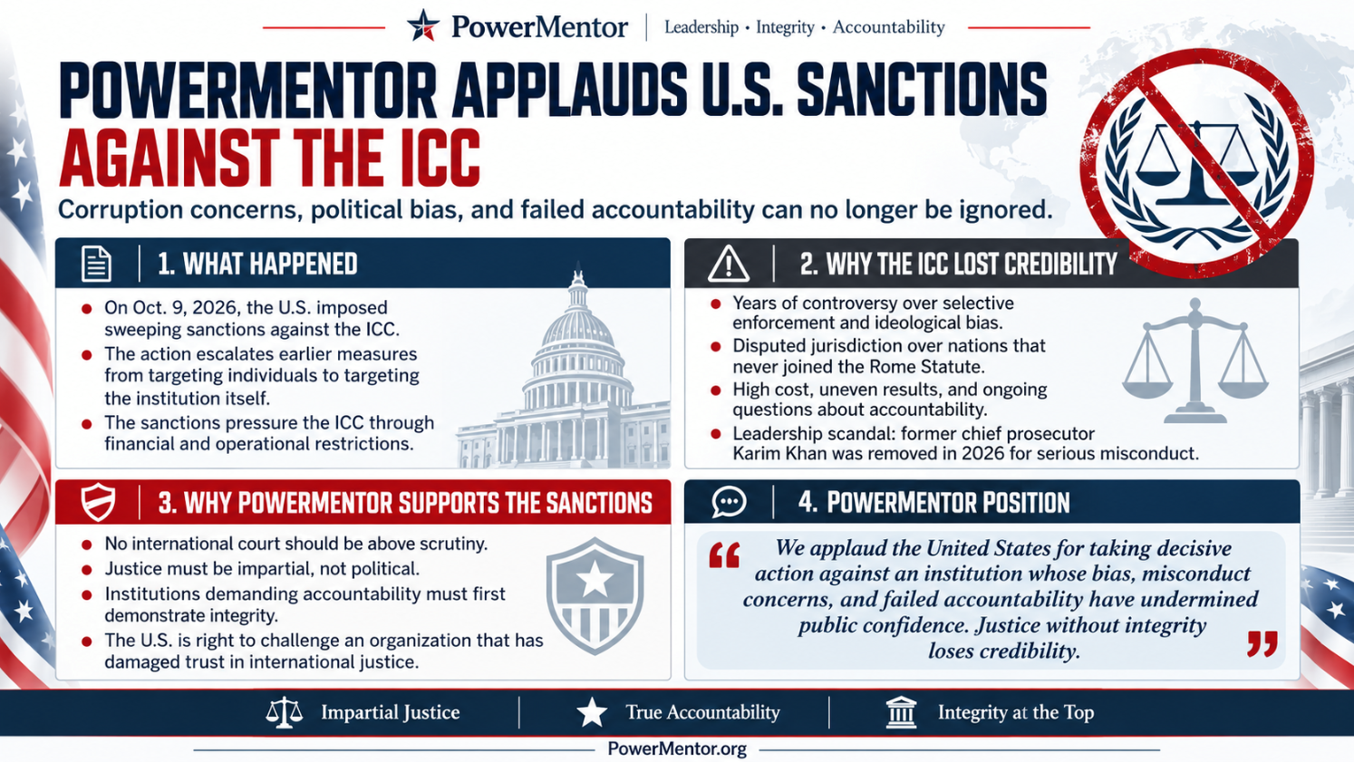 POWERMENTOR APPLAUDS U.S. SANCTIONS AGAINST THE ICC: YEARS OF CORRUPTION CONCERNS, POLITICAL BIAS, AND FAILED ACCOUNTABILITY CAN NO LONGER BE IGNORED
