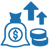 Icon of a money bag, coins, and upward arrows