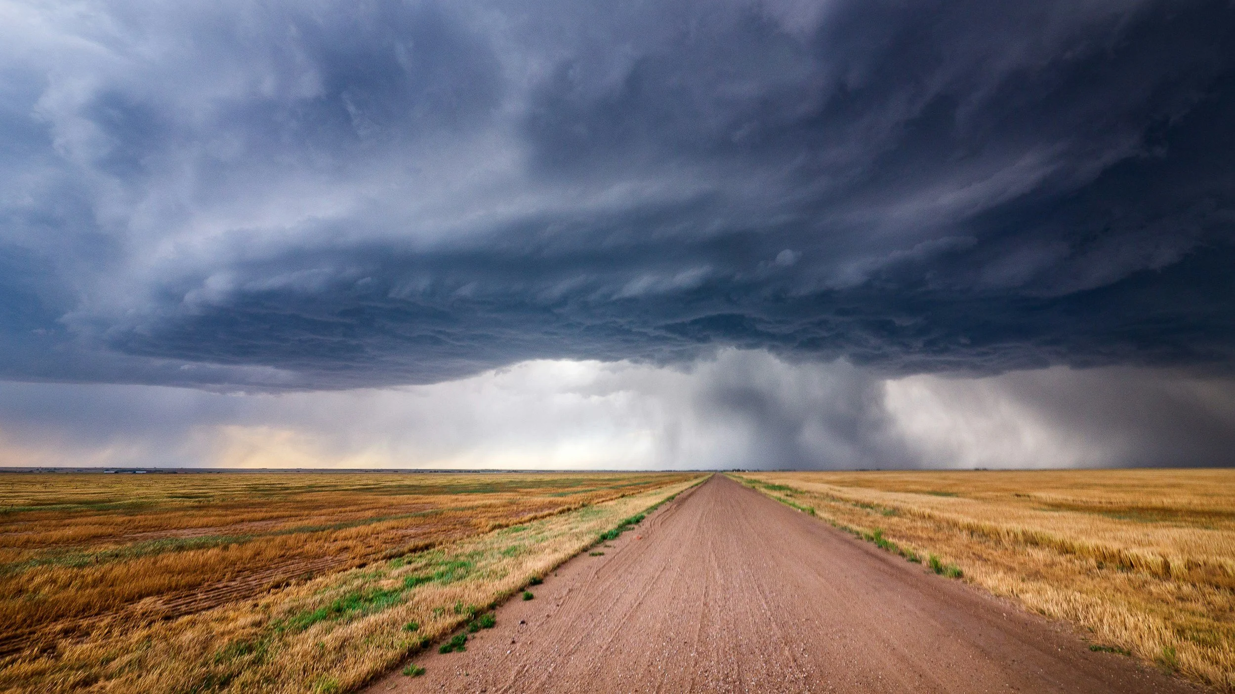 A dirt road stretches straight ahead through an open field in front of dark storm clouds.