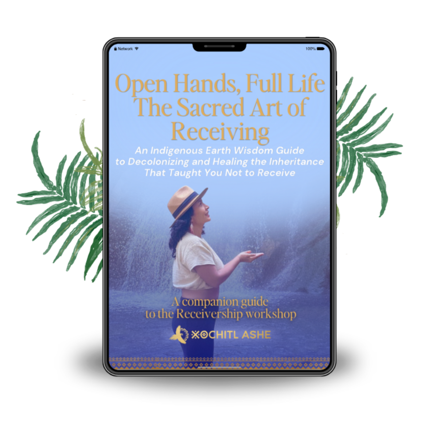 Book cover titled "Open Hands, Full Life: The Sacred Art of Receiving" by Xochitl Ashe shows a woman wearing a hat, gesturing towards the sky, with a waterfall in the background, and additional text indicating it's a companion guide for a receptivity workshop.