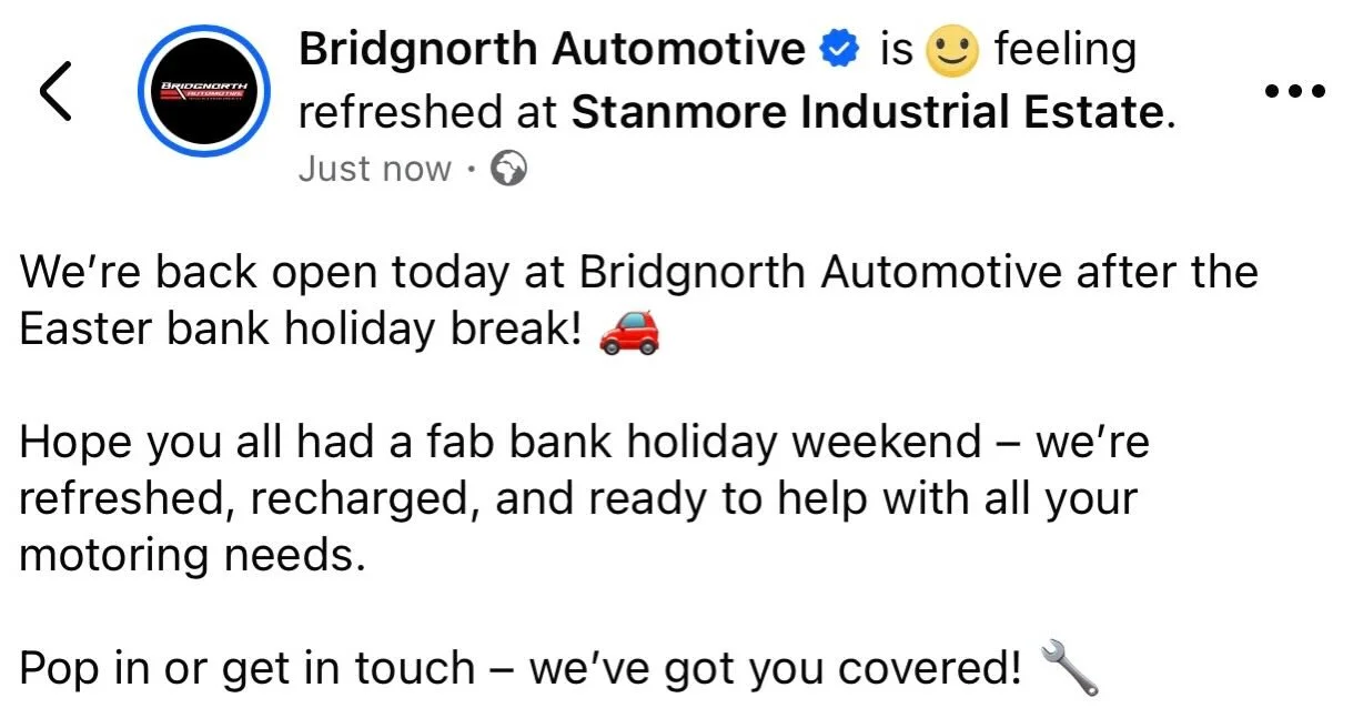 We&rsquo;re back open today at Bridgnorth Automotive after the Easter bank holiday break! 🚗

Hope you all had a fab bank holiday weekend &ndash; we&rsquo;re refreshed, recharged, and ready to help with all your motoring needs.

Pop in or get in touc