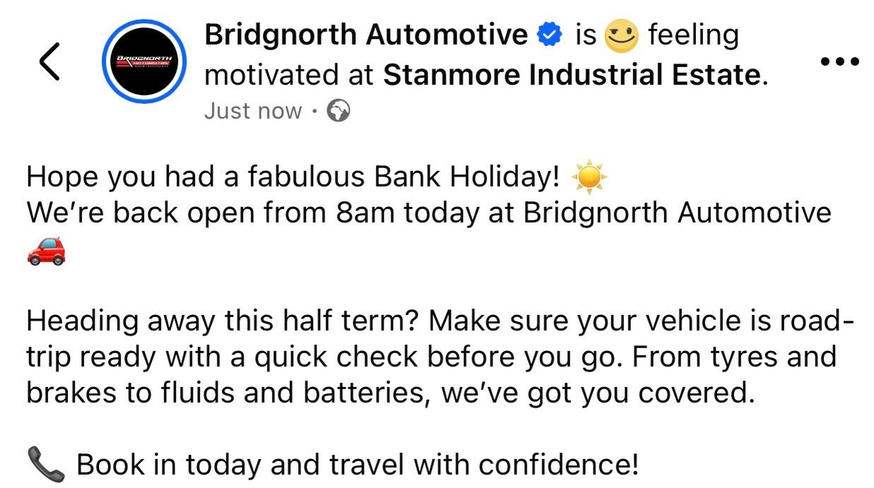 🚗🇬🇧 Happy Bank Holiday from Bridgnorth Automotive!

We hope everyone enjoys a fantastic long weekend.
Just a reminder that we&rsquo;ll be back open as normal from 8am Tuesday for all your servicing, repairs, MOTs and vehicle needs.

Have a great B