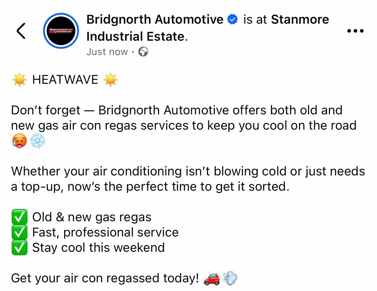 ☀️ HEATWAVE ☀️

Don&rsquo;t forget &mdash; Bridgnorth Automotive offers both old and new gas air con regas services to keep you cool on the road 🥵❄️

Whether your air conditioning isn&rsquo;t blowing cold or just needs a top-up, now&rsquo;s the perf