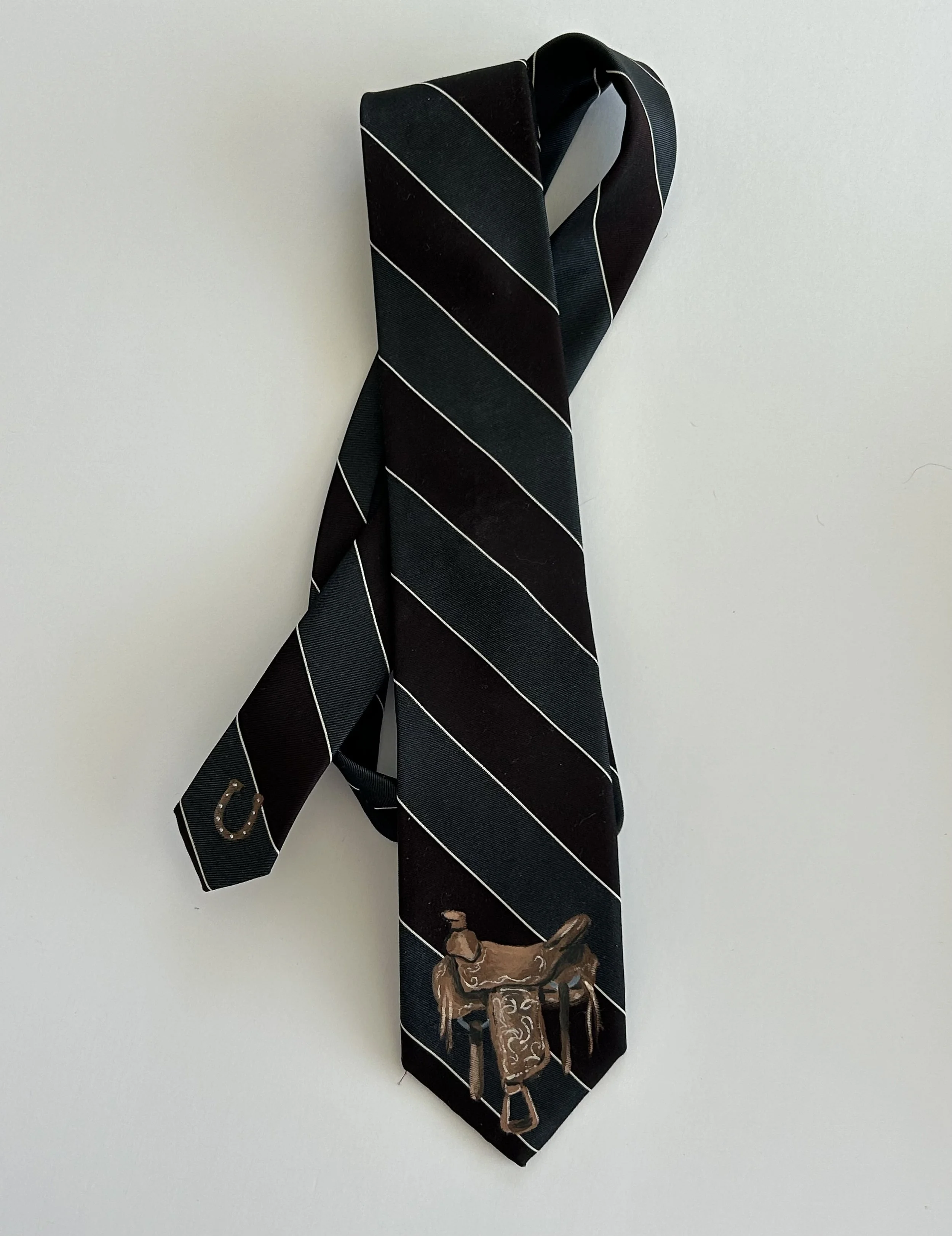 Hand-Painted Western Silk Tie - Western Saddle & Stripes