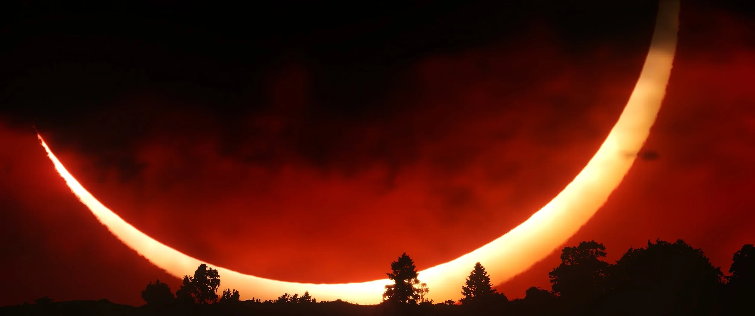 A solar eclipse with the moon covering most of the sun, creating a glowing ring of light around the moon, with silhouetted trees at the bottom.