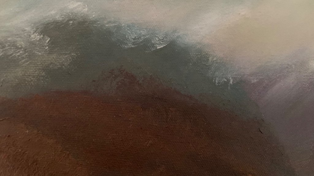 Close-up of painted surface with shades of brown, gray, and white by John Eagle, artist, west cork