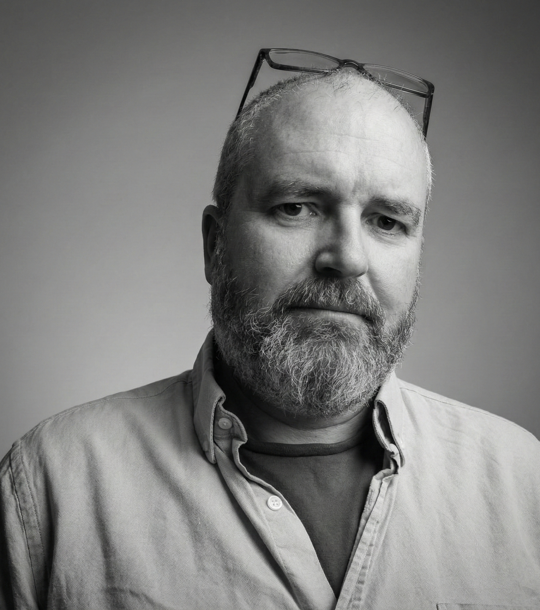 A black and white portrait of a David Gerard Geraghty, contemporary classical composer, Ireland, West Cork.