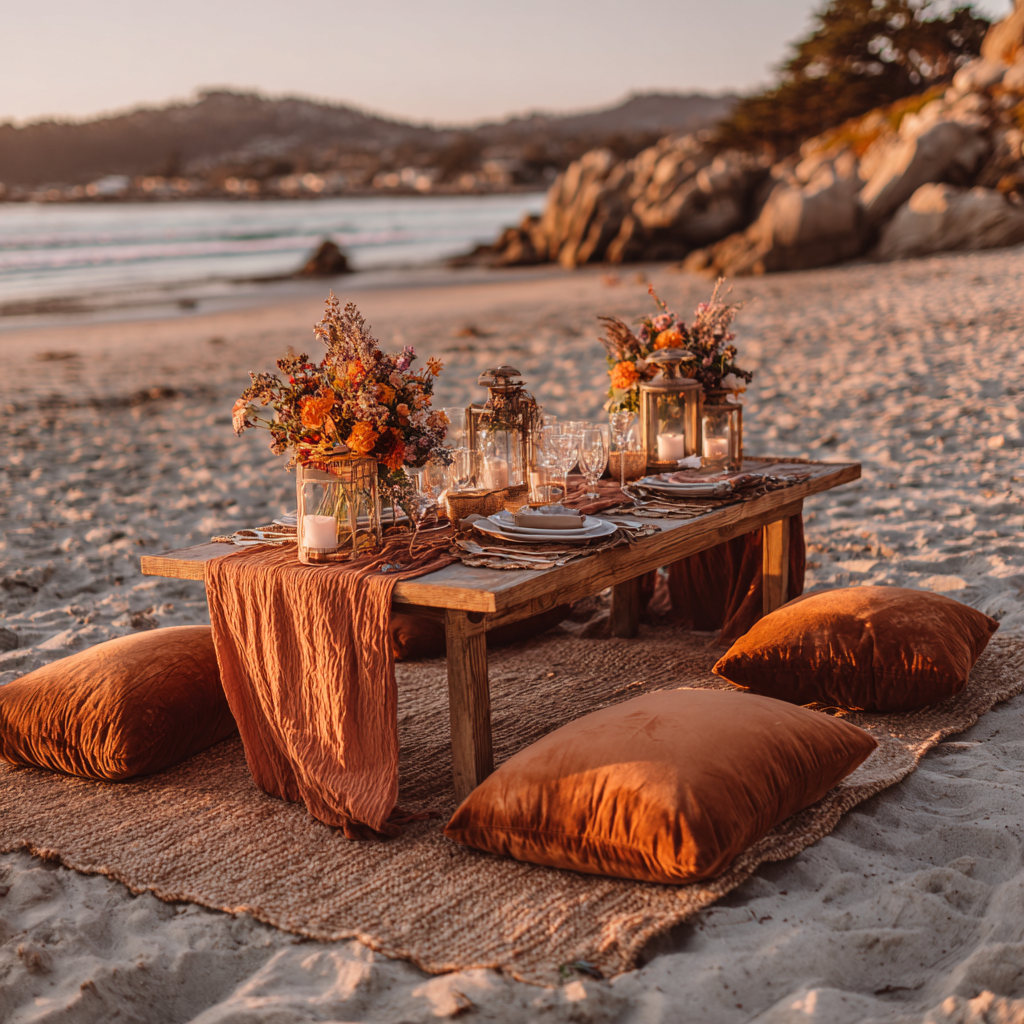luxury beach picnic set up on Carmel Beach