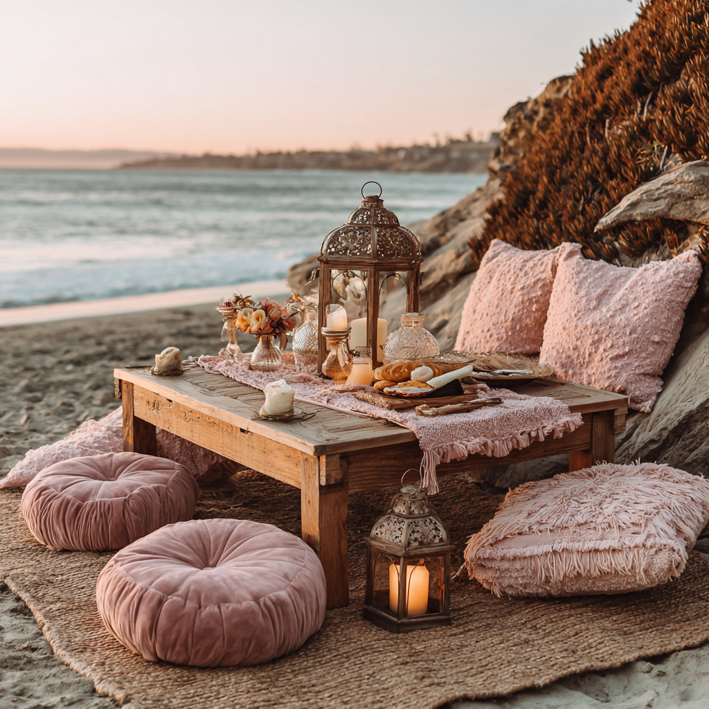 carmel california proposal luxury beach picnic setup