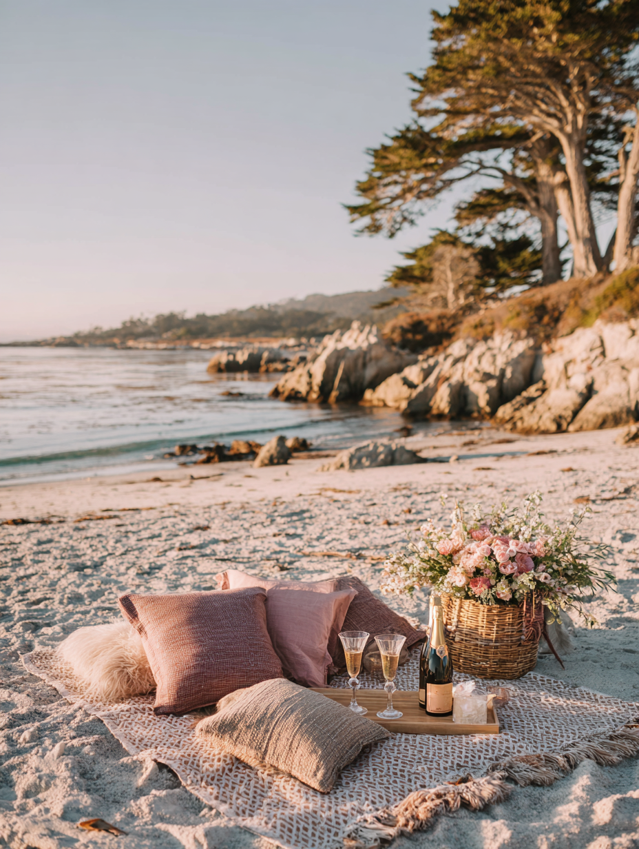 simple beach picnic setup on carmel beach