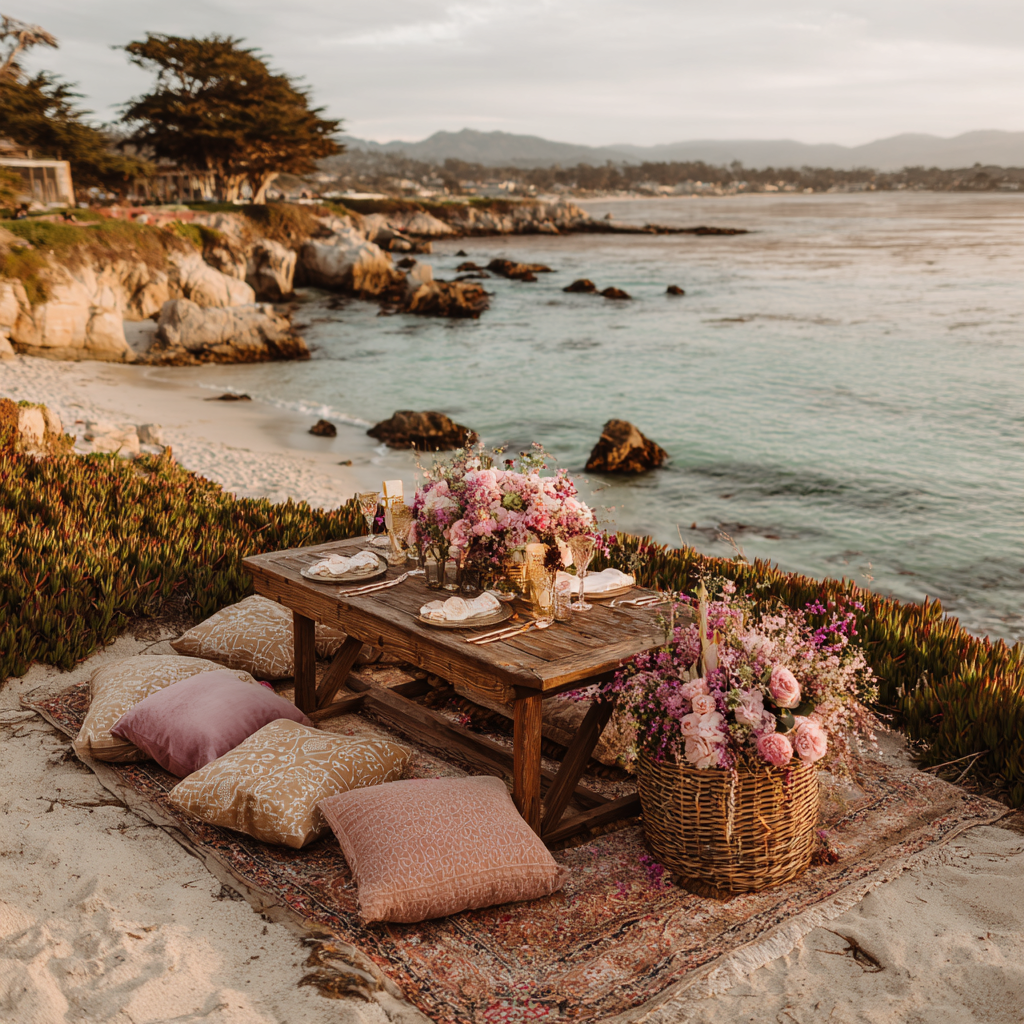 carmel by the sea luxury picnic setup overlooking the ocean
