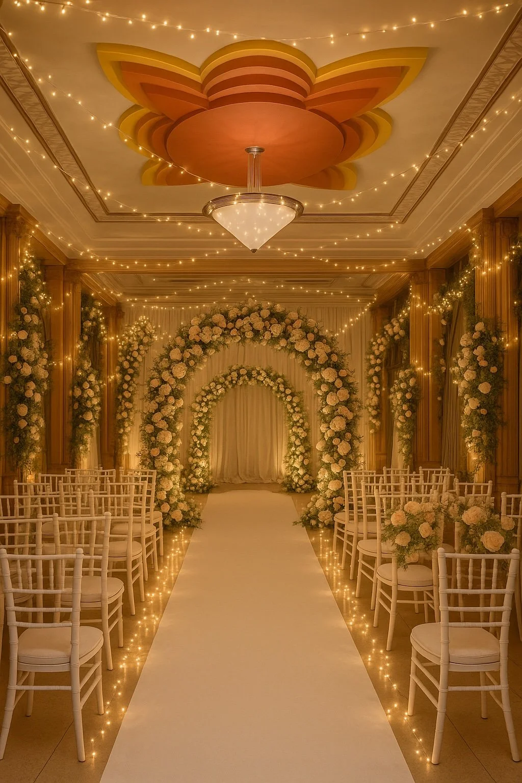 Elegant indoor wedding ceremony setup with floral arches, white chairs, string lights, and a white aisle runner.