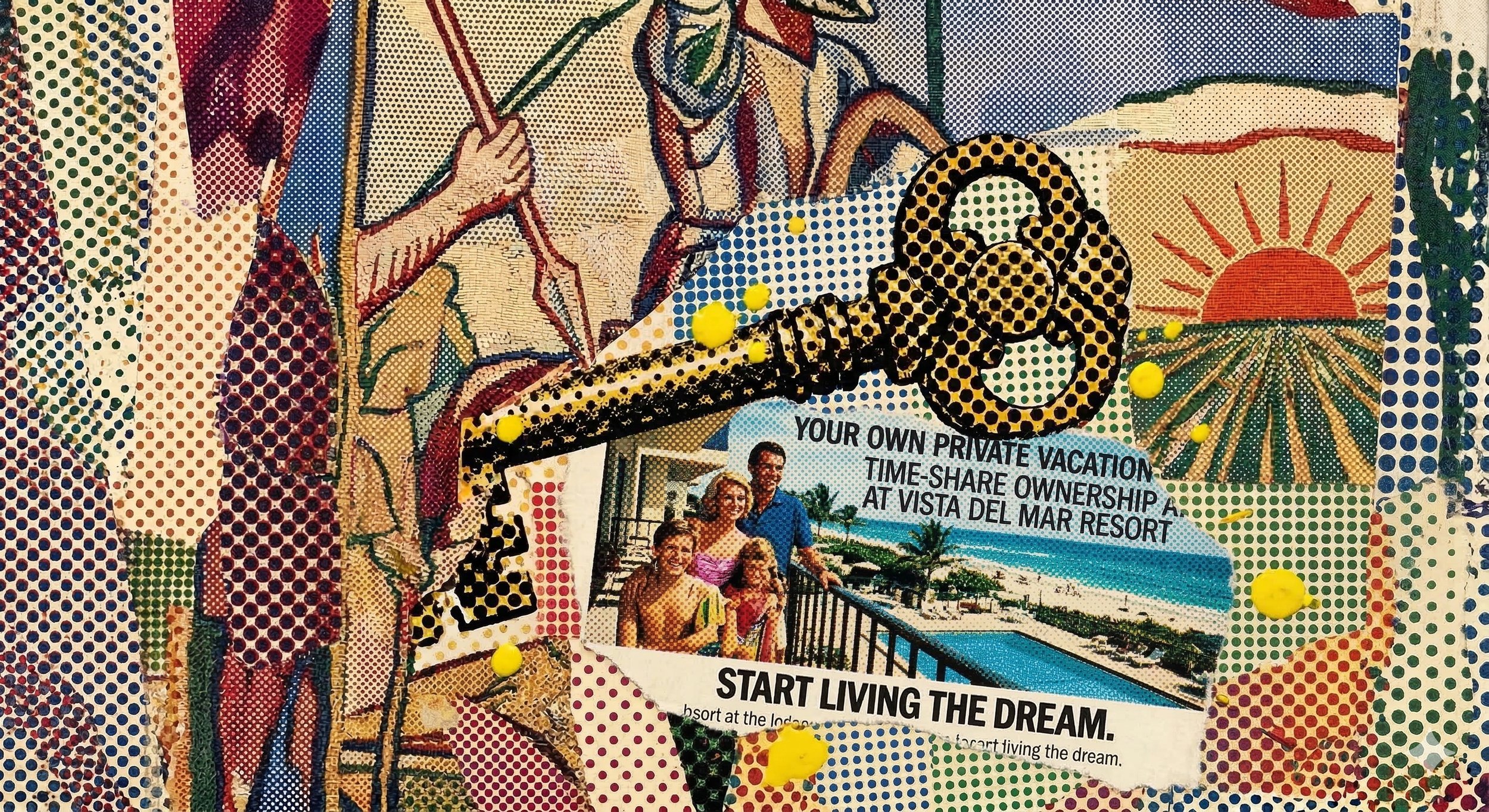 Nano Banana prompt: “Can you create an image of an extreme close up in the style of a giant James Rosenquist painting of a dot ink image of pivotal tapestry that underscores the intricate interplay of enduring keys and epic landscapes?