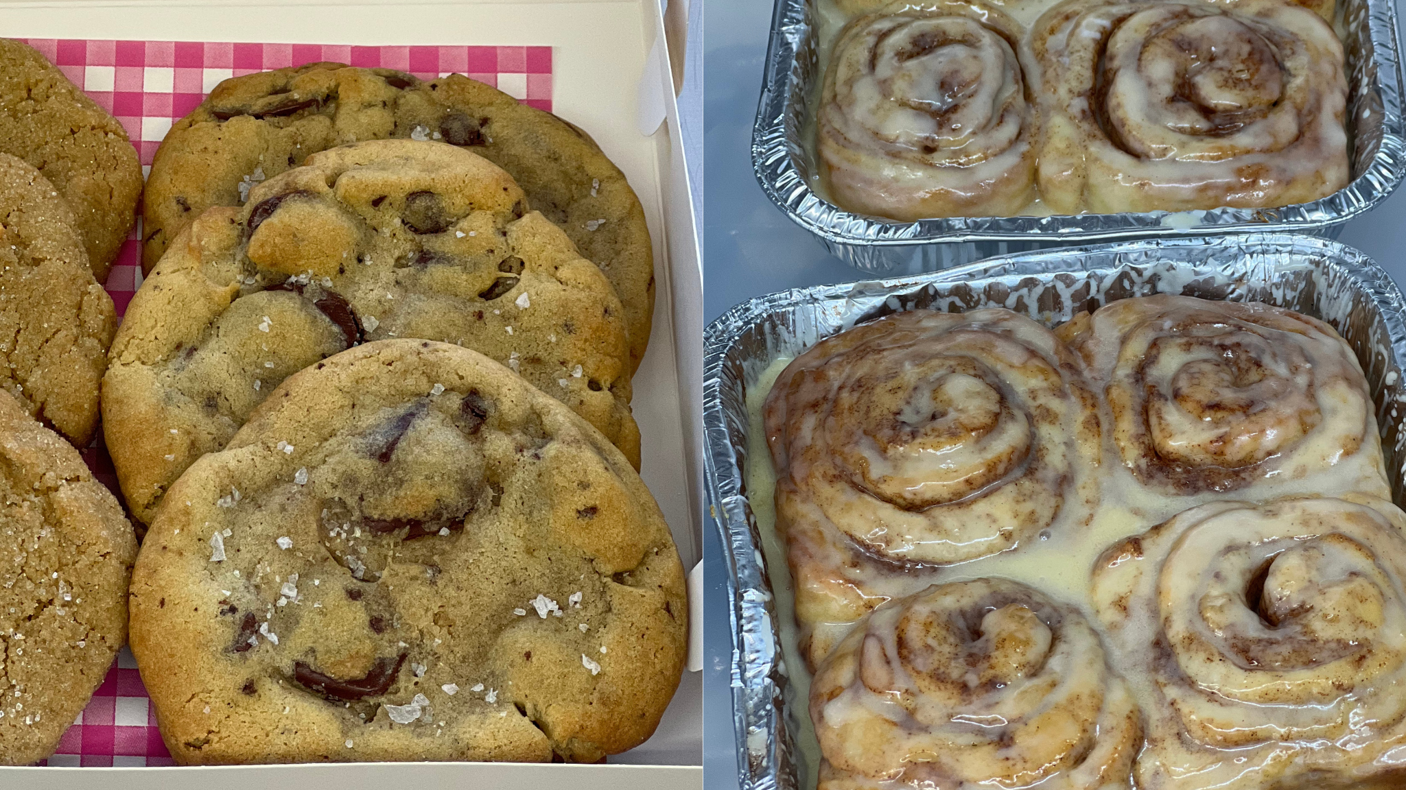 Chocolate chip cookies and cinnamon rolls in aluminum pans.