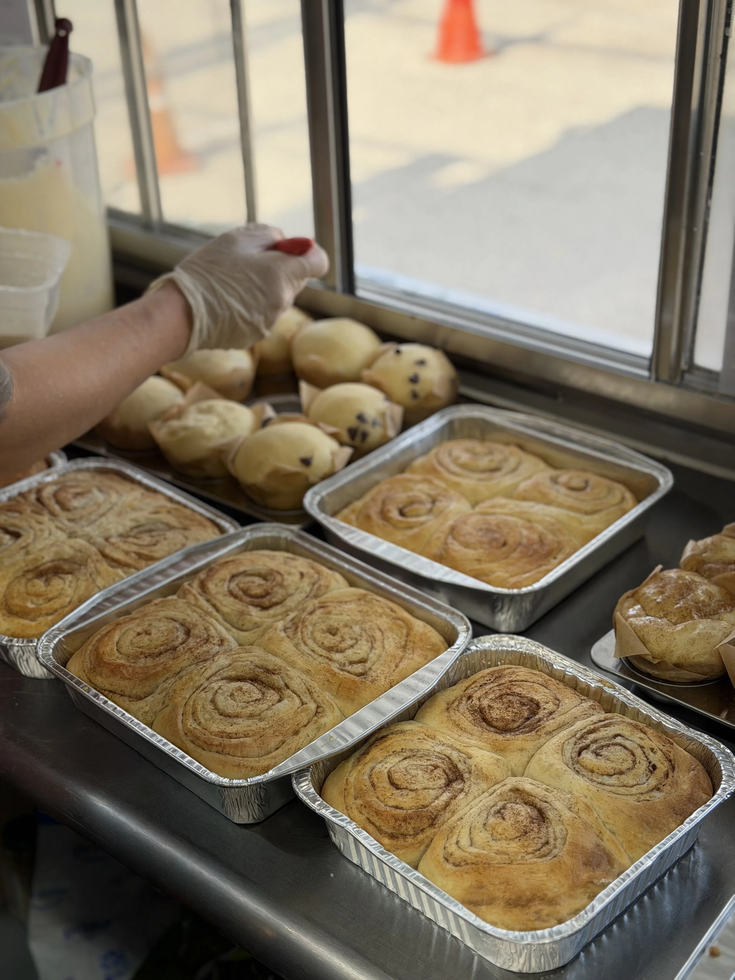 Fresh cinnamon rolls baking in trays inside Salty Blonde Bakery