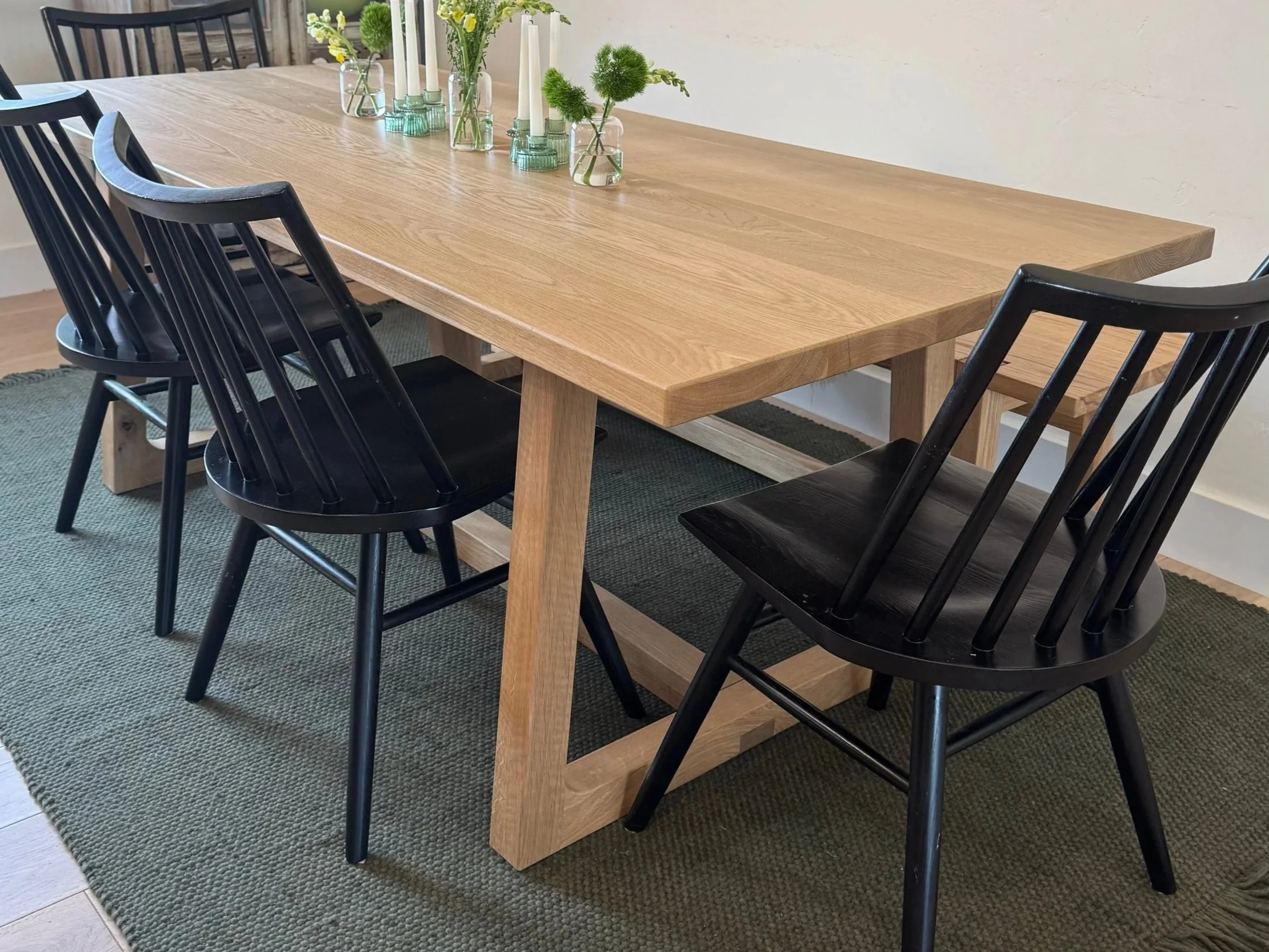 Bespoke contemporary Scandinavian trestle dining table in natural white oak with a matte finish, built for a Park City residential project