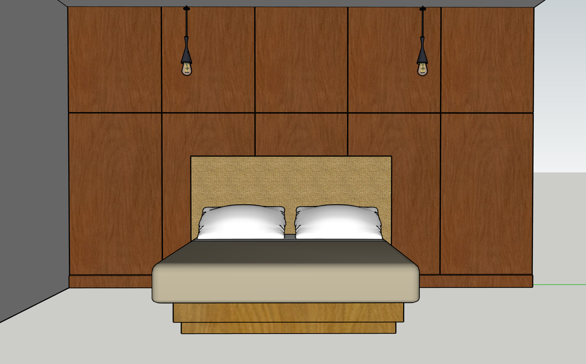Custom red oak wood panel accent wall with a furniture-grade finish and shadow line baseboard. 3D rendering of a luxury bedroom design featuring removable veneered plywood panels, hidden fastener installation, and custom hardwood trim. Deer Valley Ut