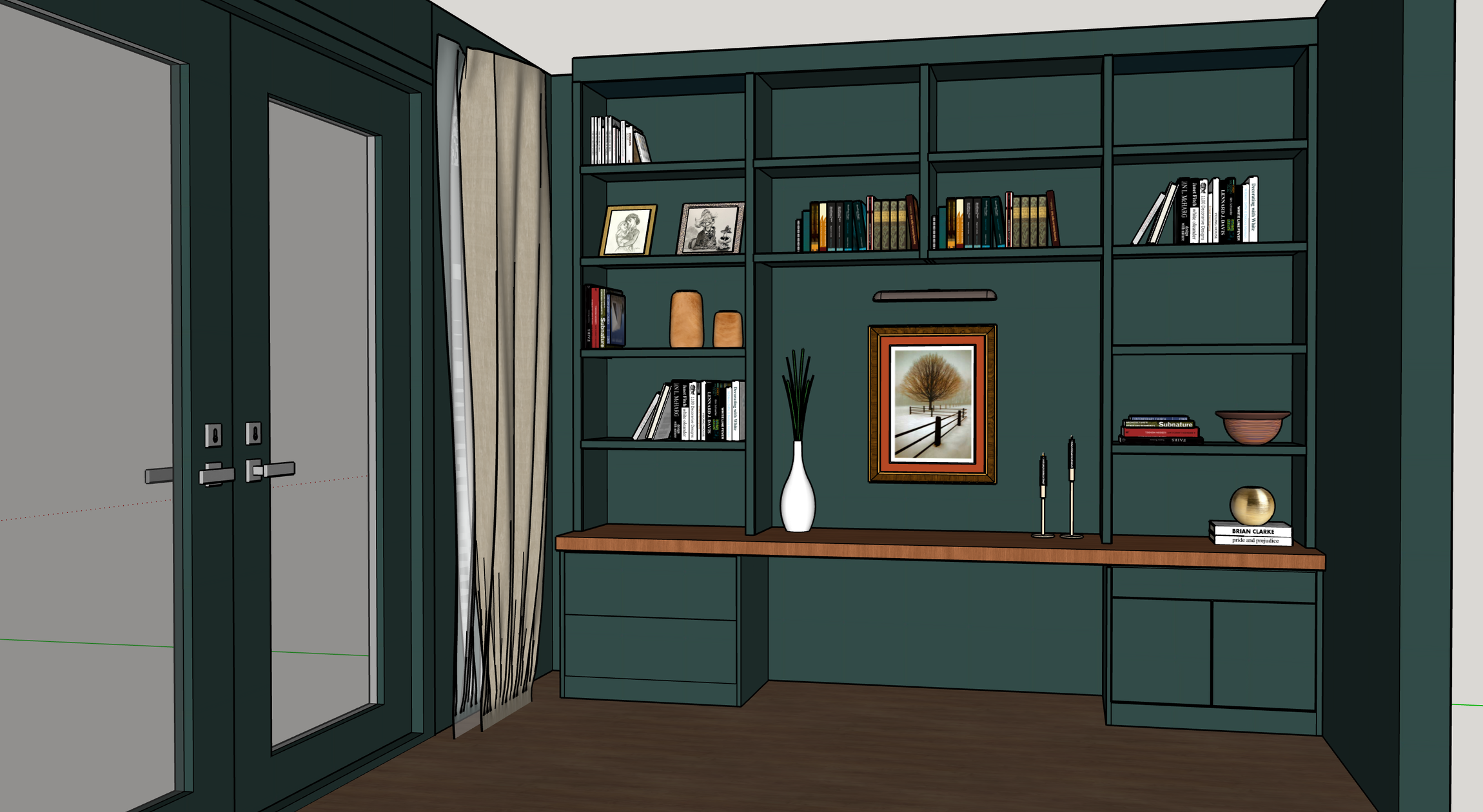 3D rendering of a custom bookcase builtin, custom design and build, drawing. Created in Midway
