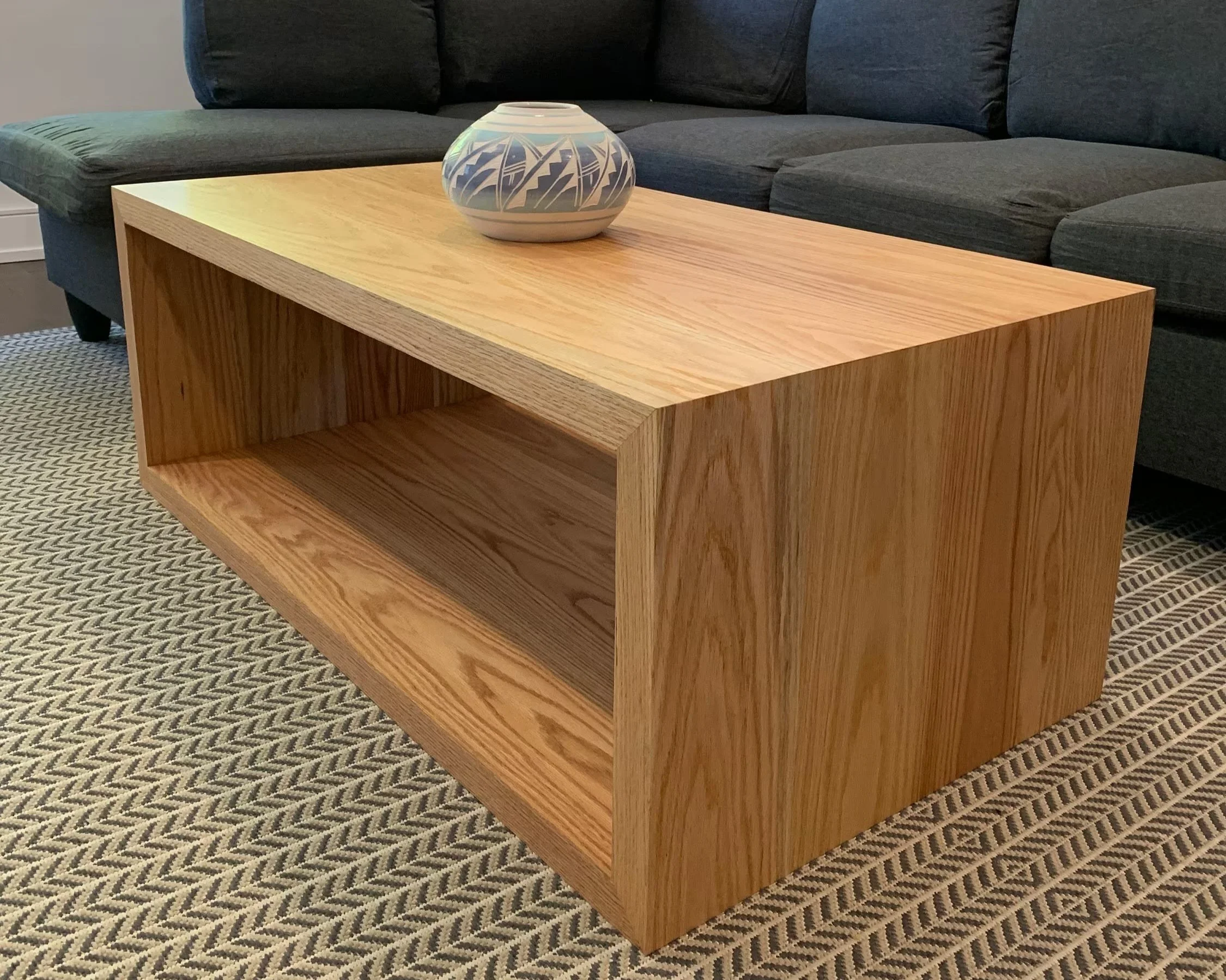 custom modern designed coffe table using red oak hardwood, traditional joinery, hand rubber all natural finish, coffe table, delivered in Park City Utah.