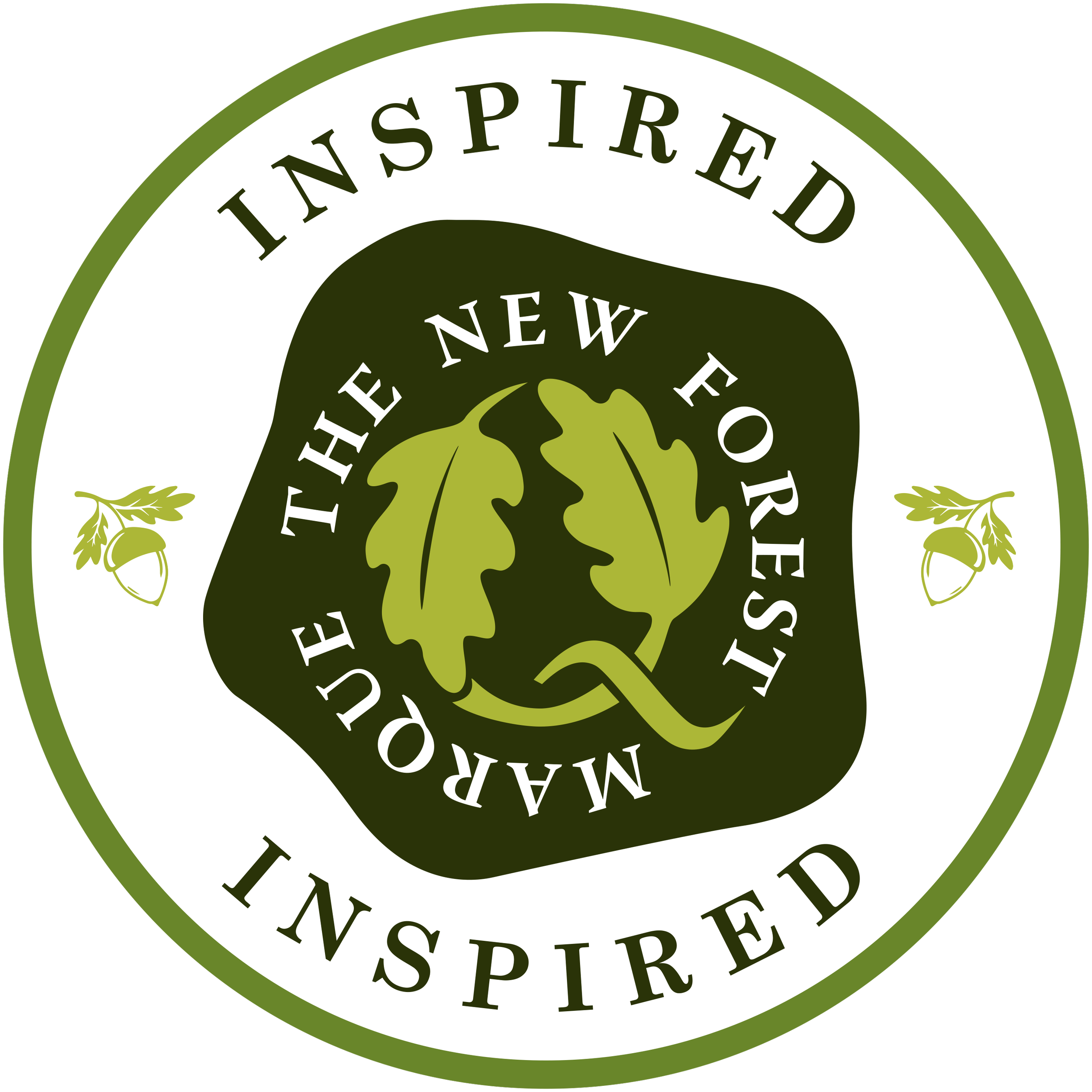 Logo with the text  'New Forest Marque Inspired' and an illustration of two green oak leaves with acorns on either side.