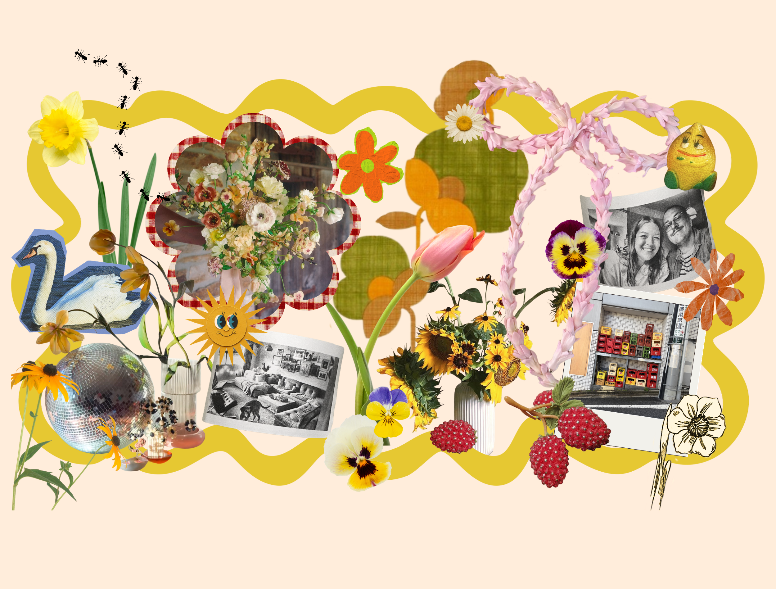 Collage of various objects including flowers, ants, photographs, a swan ornament, a disco ball, a pineapple character, and a vending machine, arranged with a yellow wavy background.