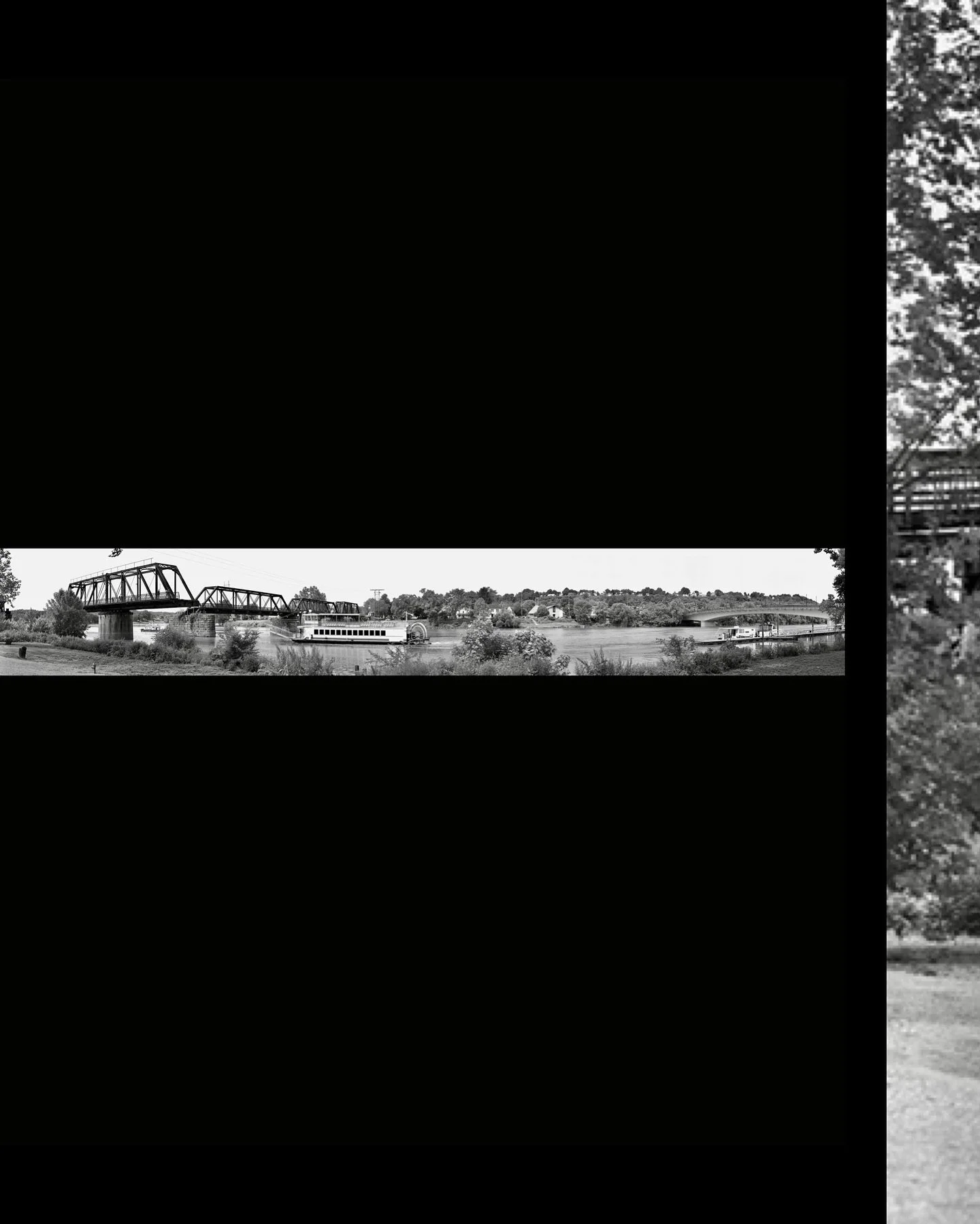 The Valley Gem Sternwheeler passing through the hand-operated swing span of the historic Harmar Bridge on the Muskingum River in Marietta, Ohio, on June 1, 2025. (9.5&rdquo;x63&rdquo;)

📷 1921 Cirkut No. 10
🔎 24&rdquo; Goerz Artar
🎞️ Agfa Aviphot 