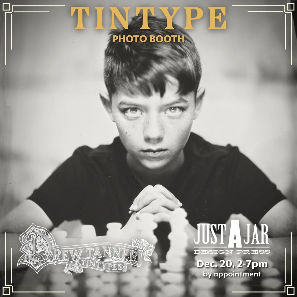 Your move. I still have a few spots left for tintype portraits at @justajar this Saturday Dec. 20 during the @simplykinmarket Winter Solstice Market. Sign up at the link in my profile or at drewtanner.com. Finished tintypes will be available for pick