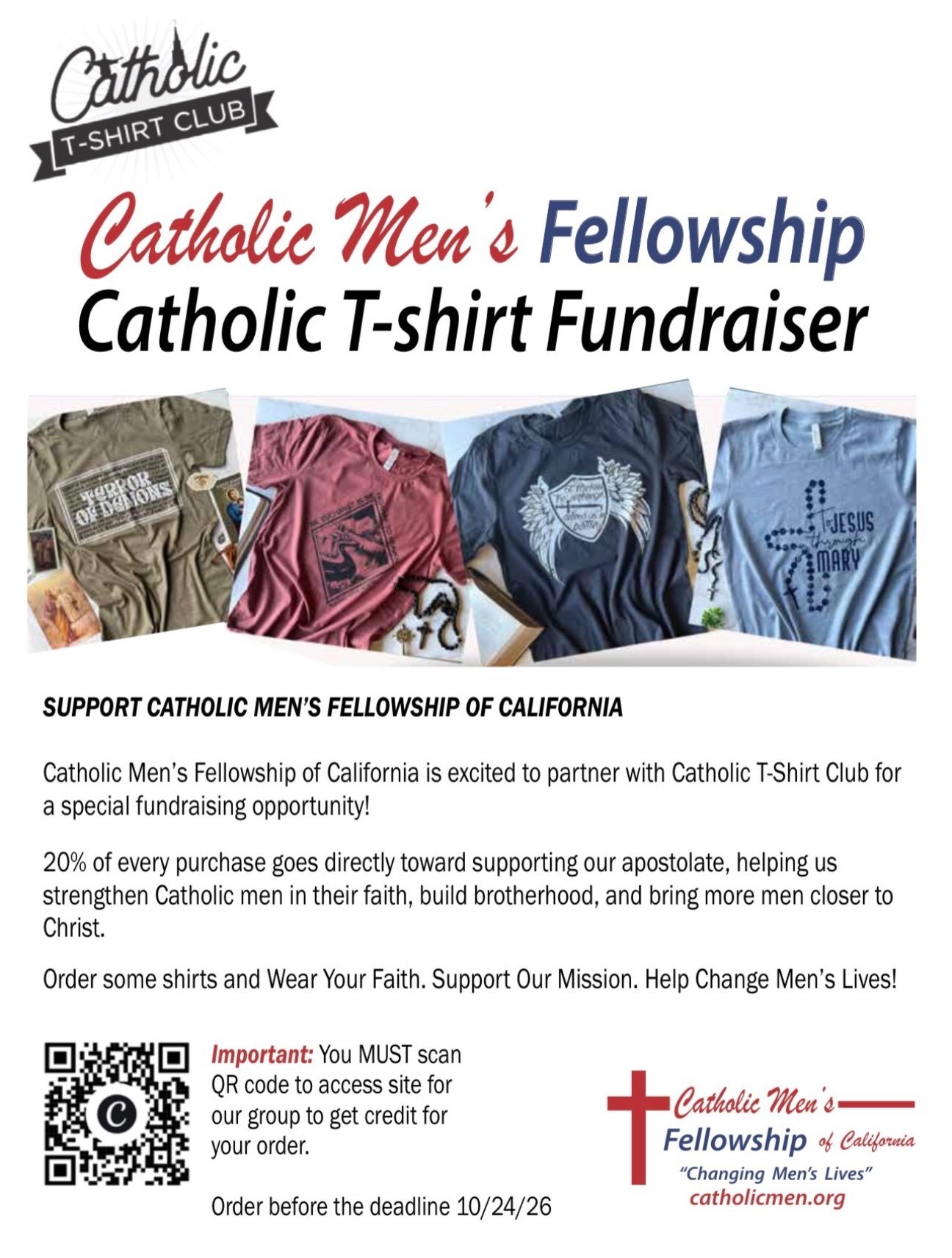 We&rsquo;re excited to announce a special fundraising partnership between Catholic Men&rsquo;s Fellowship of California and Catholic T-Shirt Club! ❤️ ✝️

Shop faith-inspired T-shirts and help make a difference! 20% of every purchase goes directly tow