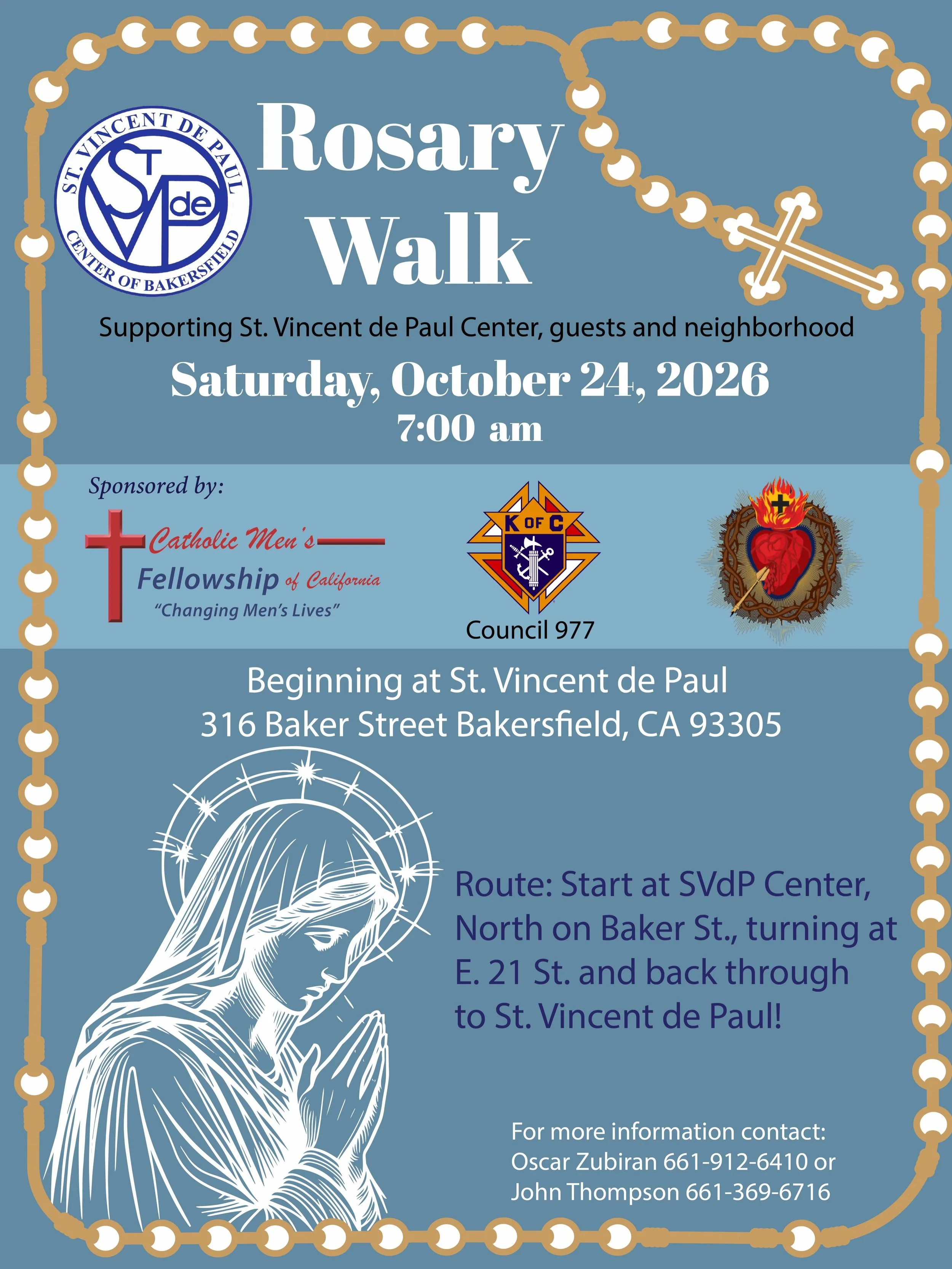 LET&rsquo;S WALK IN FAITH, UNITED IN PRAYER! 

Start your Saturday with faith, fellowship, and a purpose! Join us for our Rosary Walk as we lift our hearts in prayer and show our love and support for the St. Vincent de Paul Center, its guests, and ou