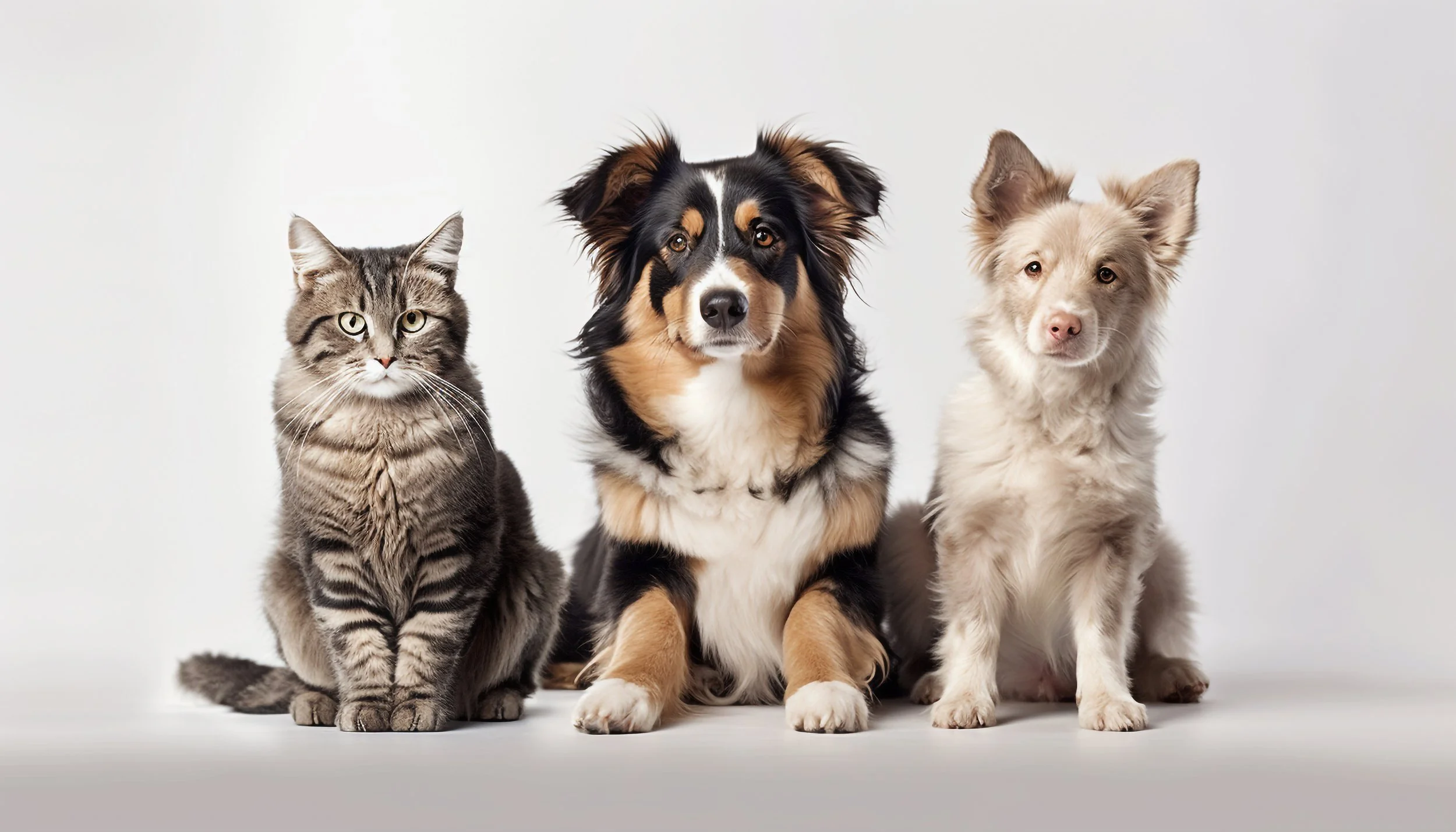 A tabby cat sitting next to two dogs, one with black, tan, and white fur, and the other with light cream fur, against a plain background.