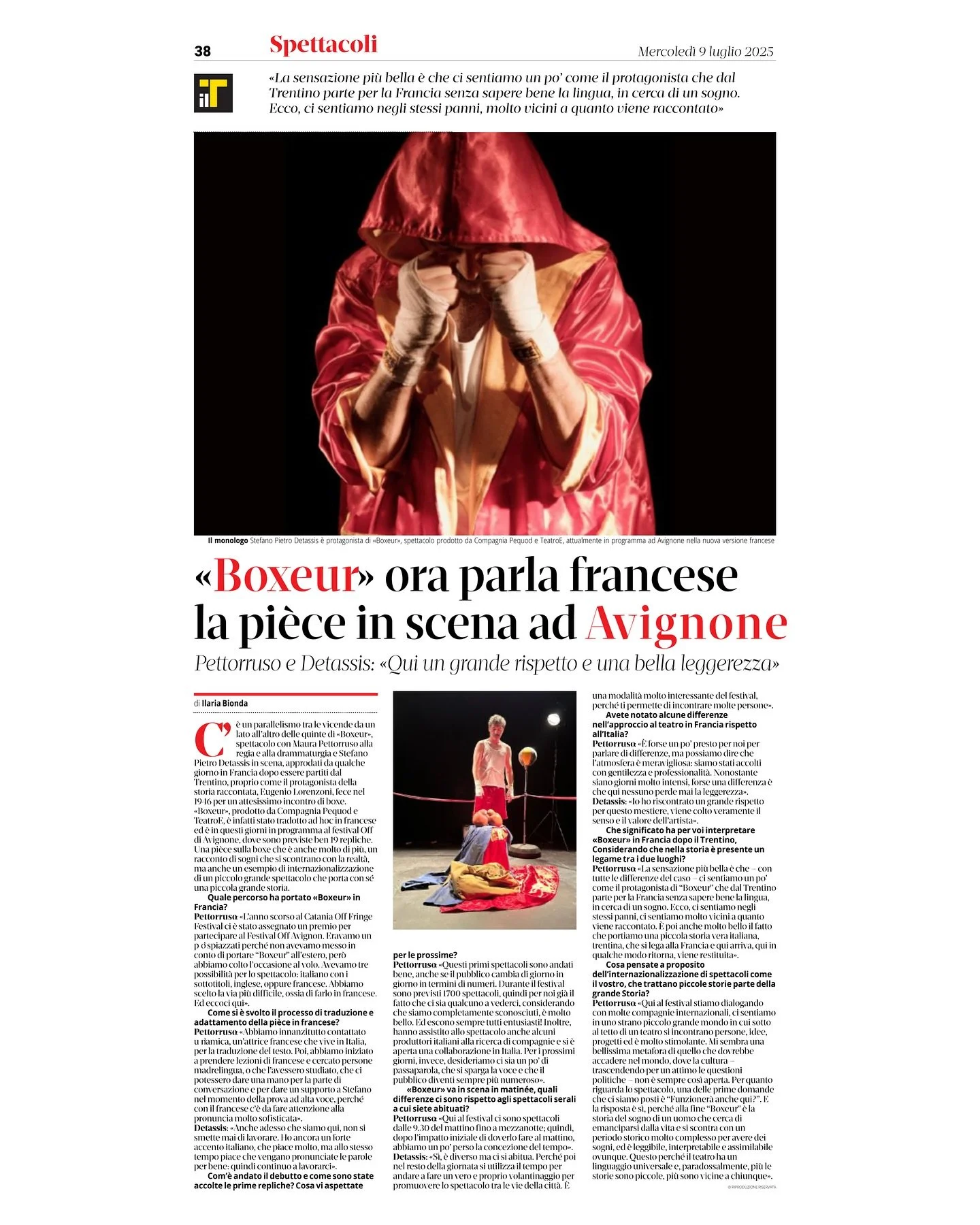 🇫🇷
📣 Boxeur séduit aussi la presse !
Un bel article de Il T Quotidiano raconte notre aventure française, alors que le spectacle prend vie à Avignon dans sa nouvelle version en langue française.
💬 « Le plus beau