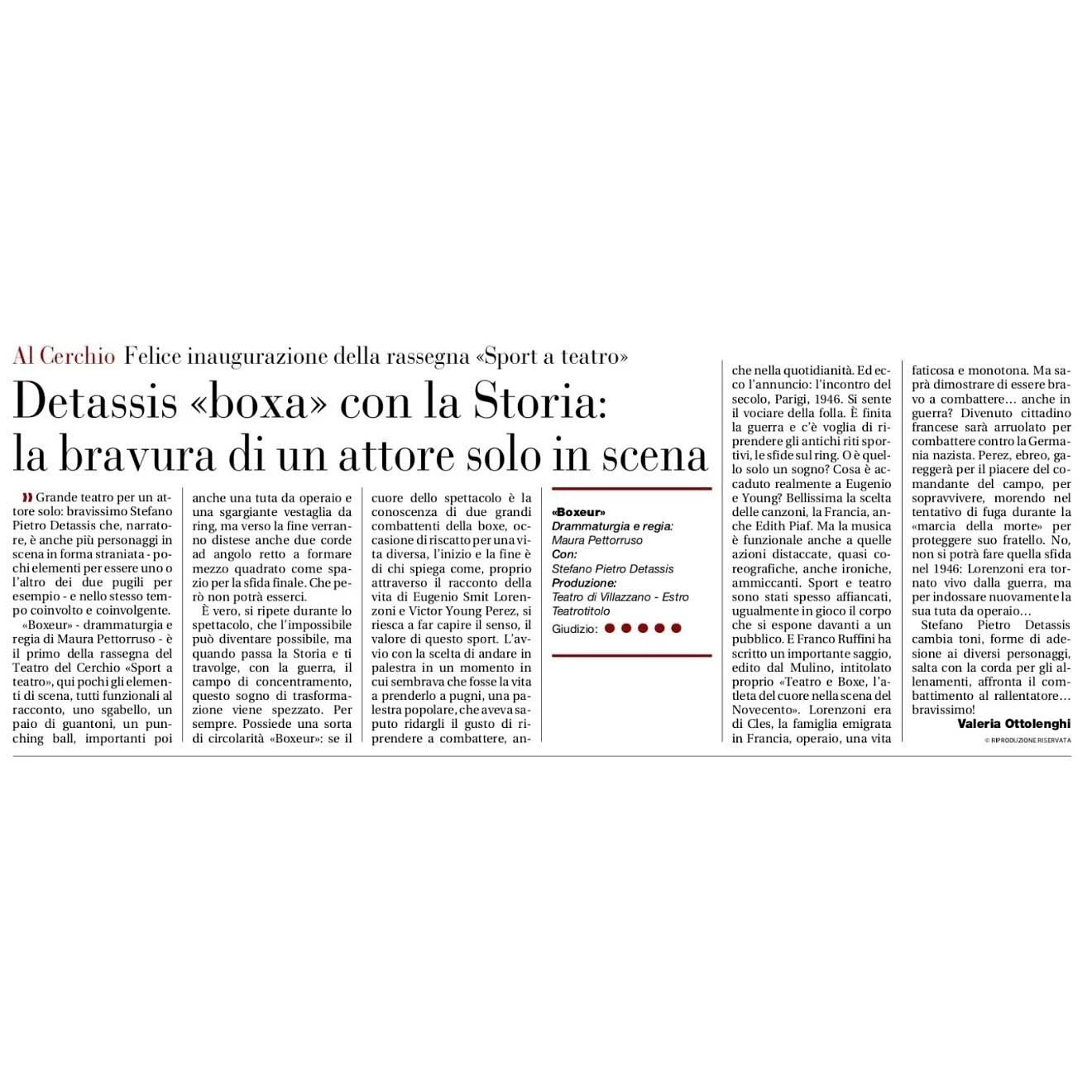 Siamo felici e commossi per le parole di Valeria Ottolenghi - una delle pi&ugrave; importanti e autorevoli critiche nazionali - su Boxeur.
(Solo un appunto: la produzione &egrave; Pequodcompagnia e non Estroteatro)
&Egrave; stata una splendida settim