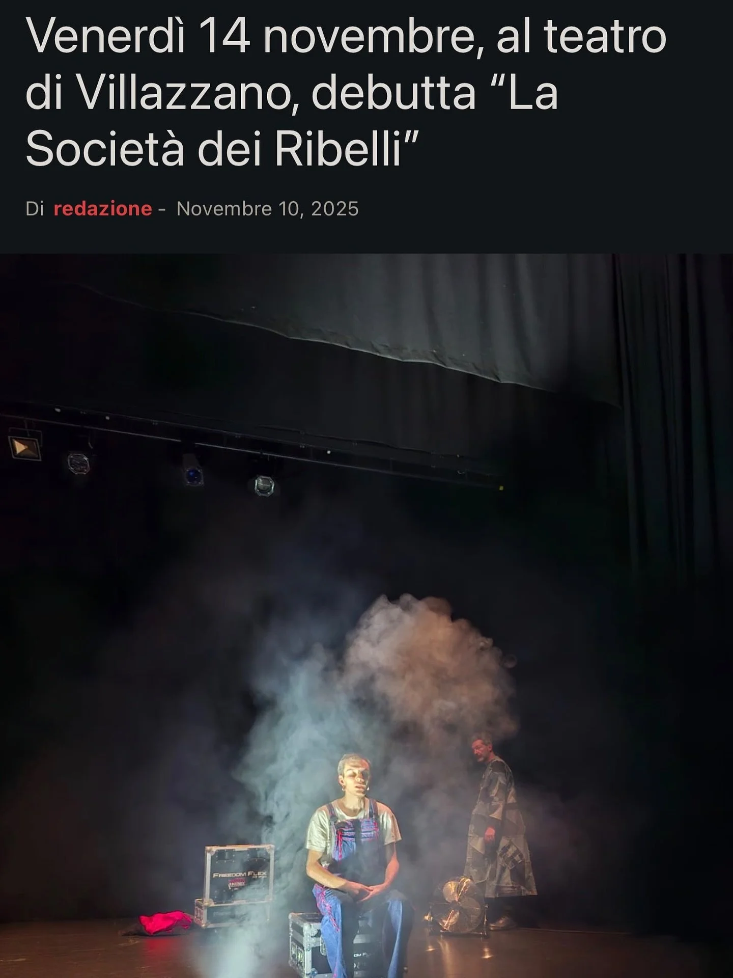 📢 Grazie a Secolo Trentino per l&rsquo;articolo dedicato al debutto de &ldquo;La Societ&agrave; dei Ribelli&rdquo;!
Venerd&igrave; 14 novembre al Teatro di Villazzano arriva il nuovo lavoro di Maura Pettorruso, con Andrea Bonfanti e Stefano Pietro D