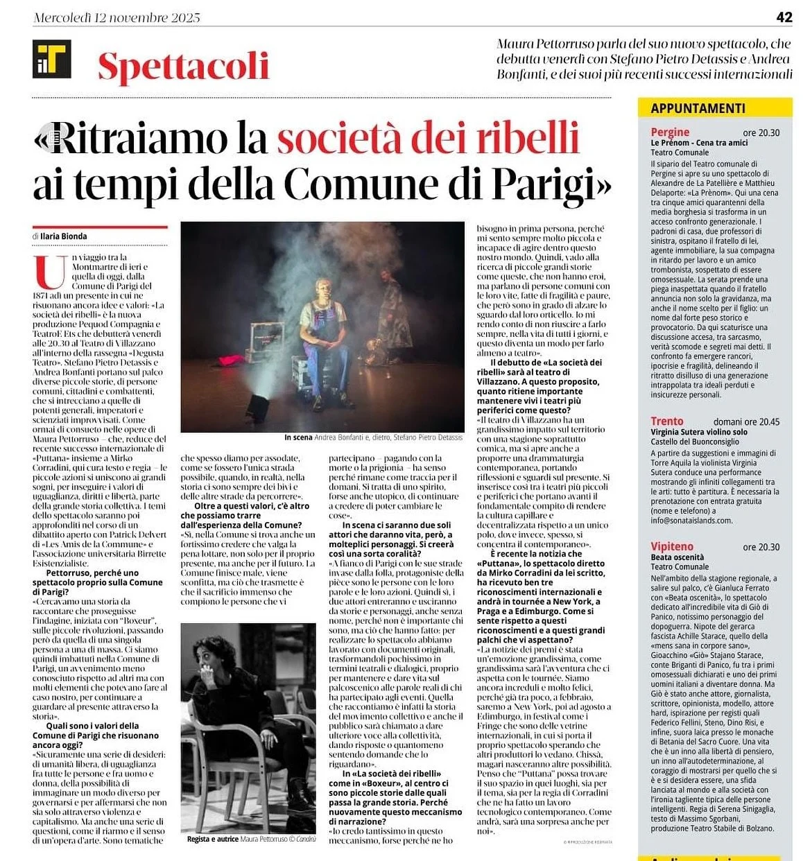 🗞️ Grazie al T Quotidiano per il bell&rsquo;approfondimento dedicato a &ldquo;La Societ&agrave; dei Ribelli&rdquo;!
L&rsquo;articolo racconta visioni, temi e processo creativo del nuovo spettacolo di Maura Pettorruso, interpretato da Andrea Bonfanti