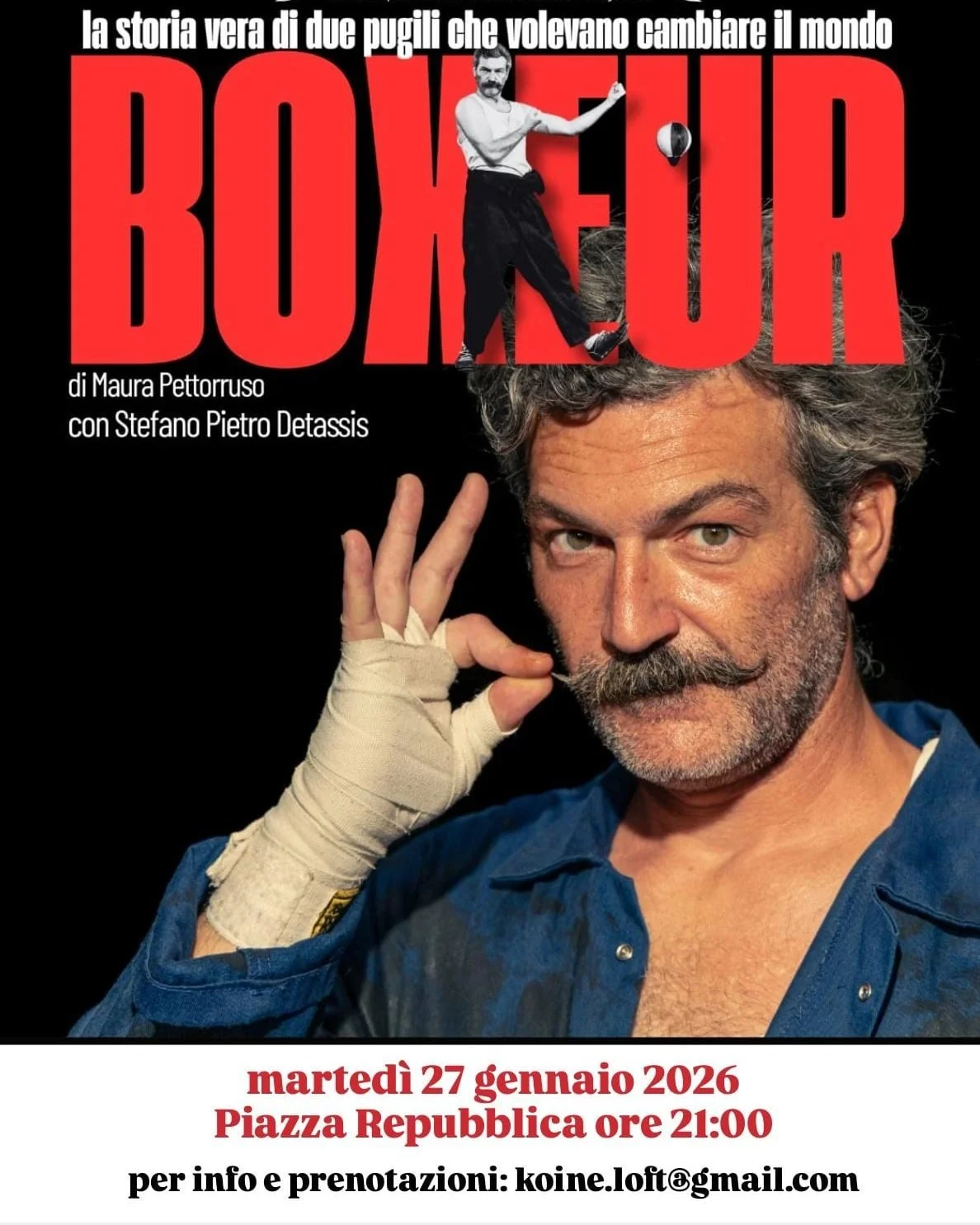 La storia vera di due pugili che volevano cambiare il mondo.
BOXEUR arriva a Milano per una serata di teatro che intreccia sport, antifascismo e resistenza, dando voce a chi ha lottato dentro e fuori dal ring.

📅 Marted&igrave; 27 gennaio 2026
🕘 Or