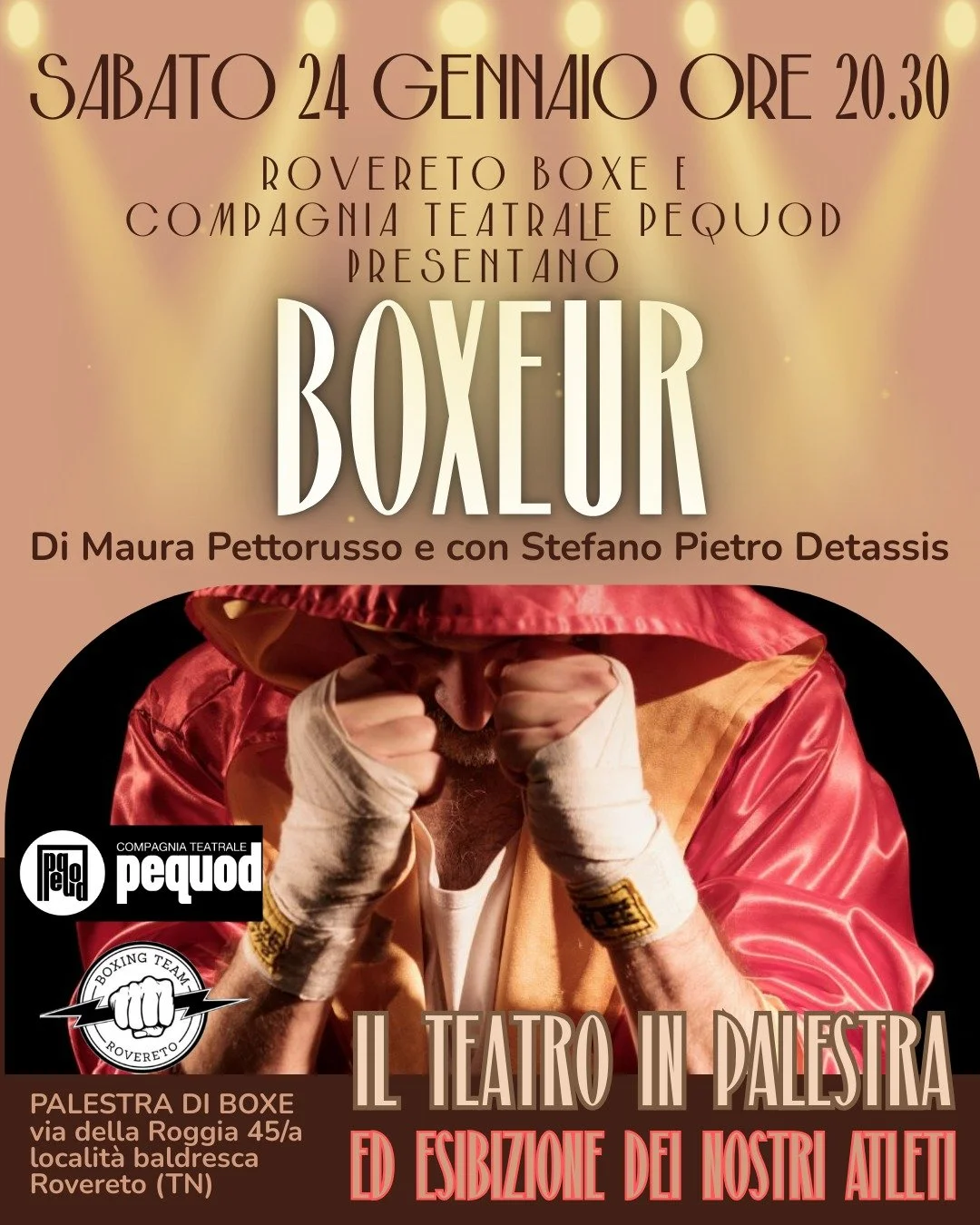 Il ring diventa palcoscenico.
BOXEUR va in scena in una palestra di boxe, riportando la storia l&agrave; dove il corpo impara a resistere, colpo dopo colpo.
Un luogo reale per raccontare una lotta vera, dentro e fuori dallo sport.

📅 24 gennaio
🕣 O