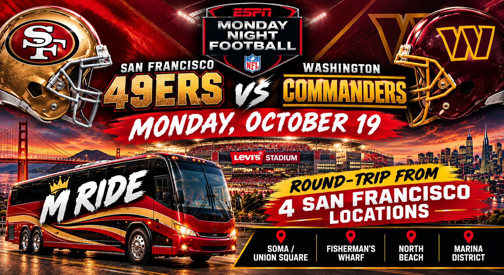 49ers vs Commanders Shuttle Tickets: Round Trip to Levi’s Stadium