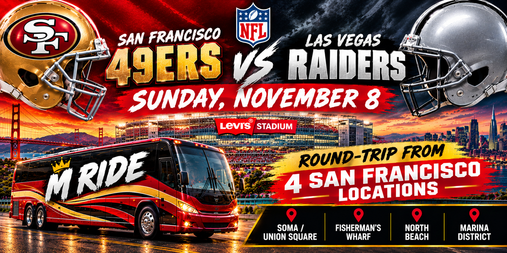 49ers vs Raiders Shuttle Tickets: Round Trip to Levi’s Stadium