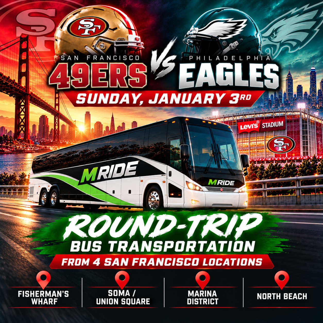 49ers vs Eagles Shuttle Tickets: Round Trip to Levi’s Stadium