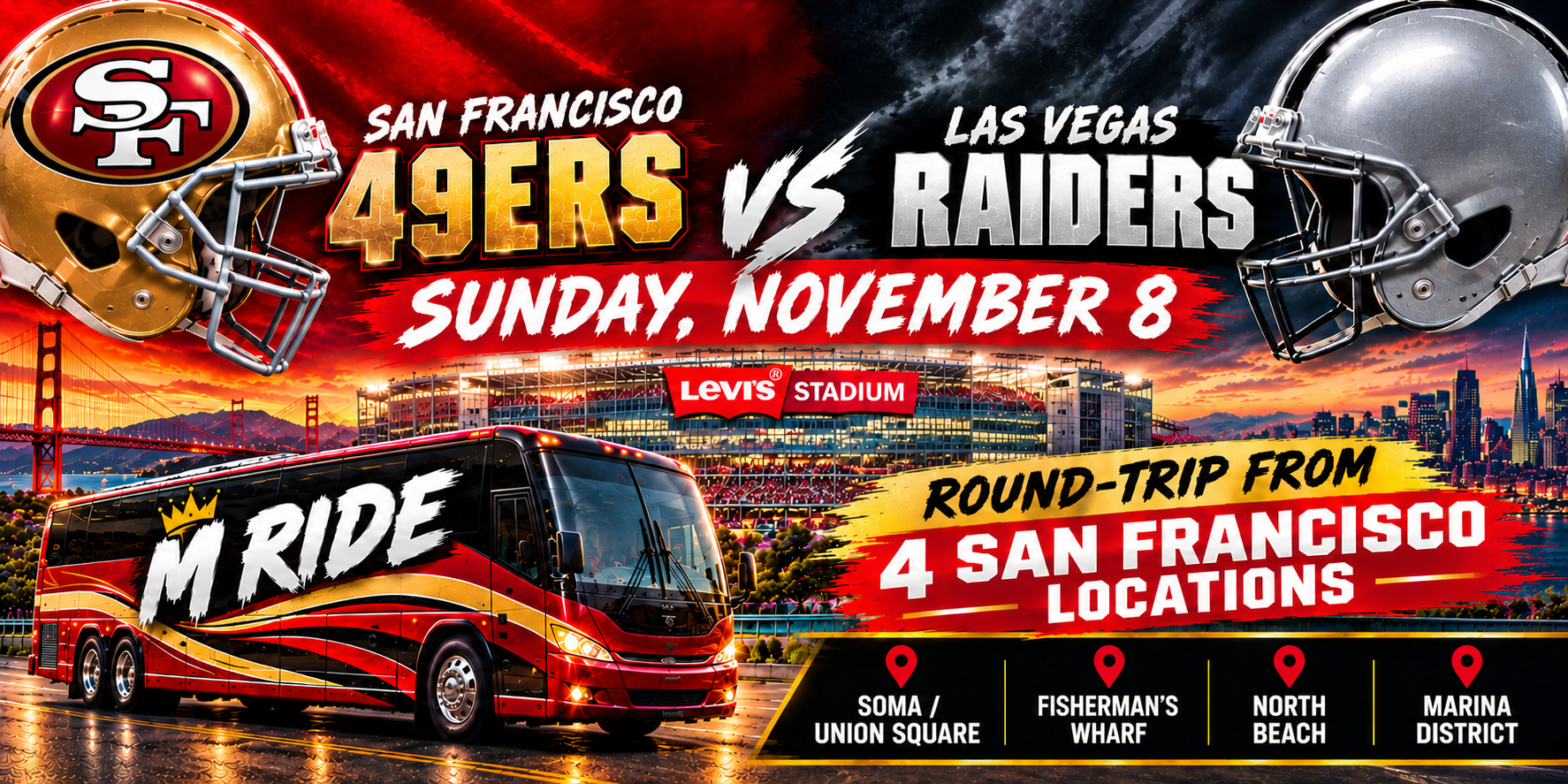 49ers vs Raiders Shuttle Tickets: Round Trip to Levi’s Stadium