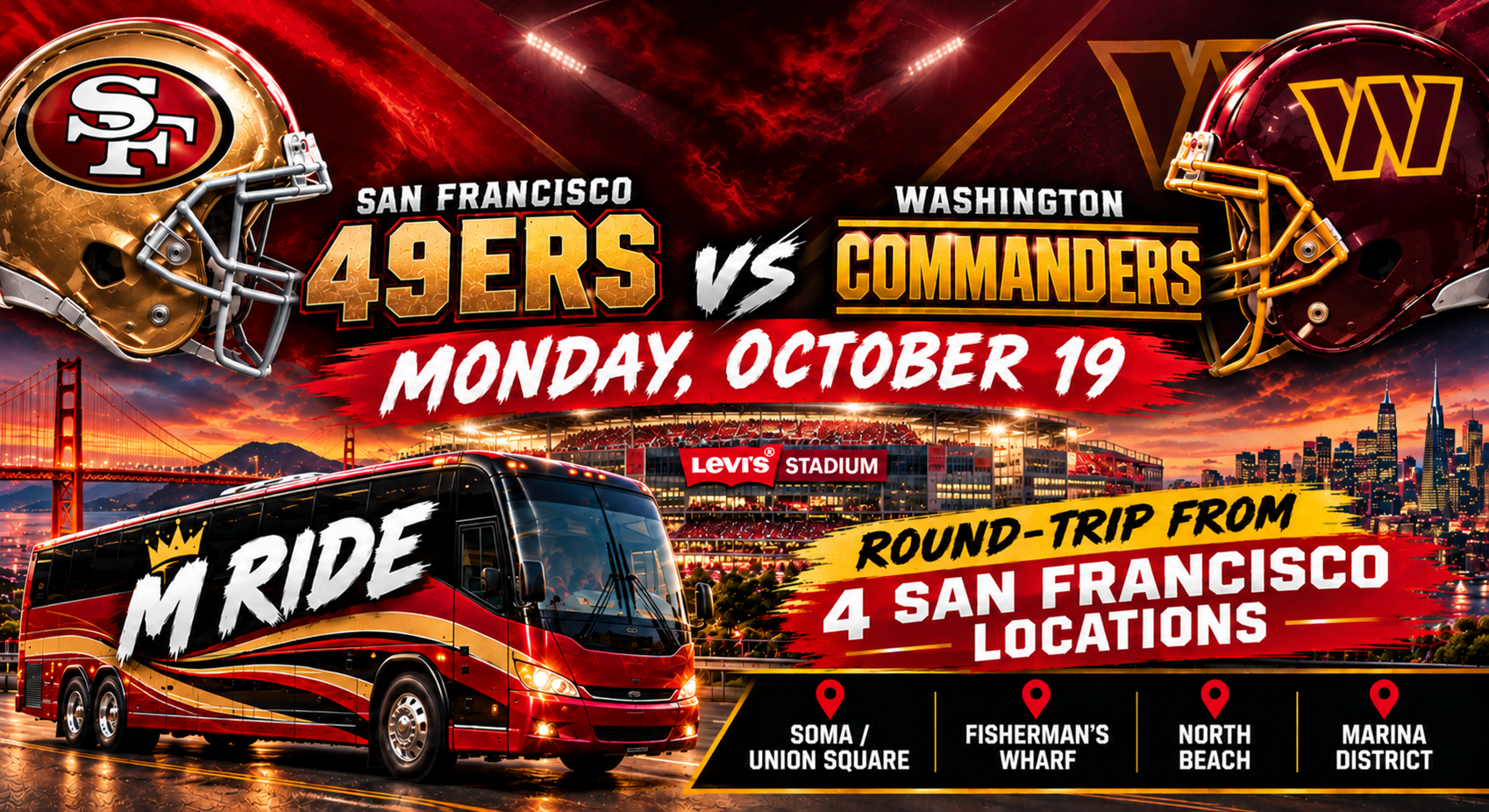49ers vs Commanders Shuttle Tickets: Round Trip to Levi’s Stadium