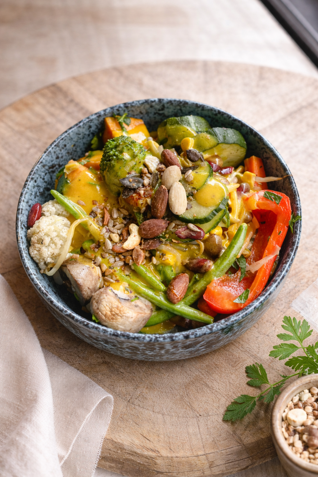 colorful bowl of green beans, cauliflower, broccoli, sweet potato, mushrooms, red bell pepper, and mixed nuts, topped with a silky mango vinaigrette