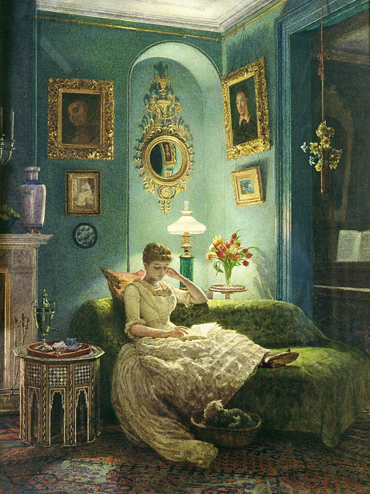 A vintage-style painting of a woman in an elegant dress sitting on a green sofa, reading. The room is adorned with ornate framed paintings, a decorative mirror, and a table holding vases and flowers. A small basket is on the floor next to the sofa.
