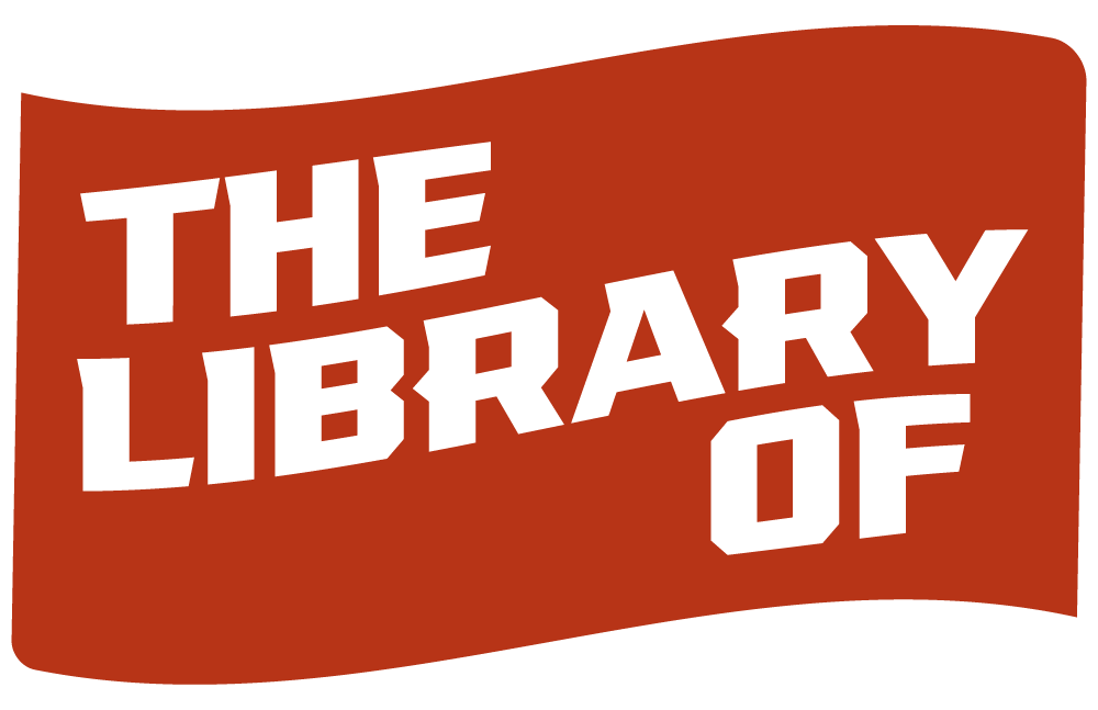 Logo for The Library of a red wavy rectangular shape with white bold text.