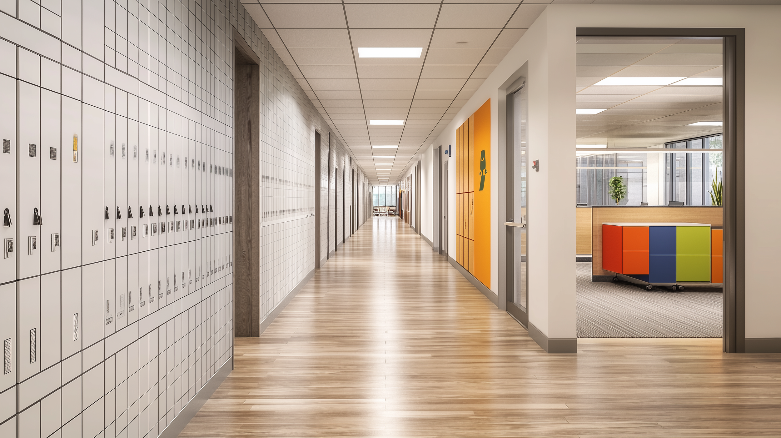 A rendering of the future high school hallway at Kingdom Heights Preparatory School in Huntsville, Alabama, showcasing state-of-the-art facilities for private Christian education.
