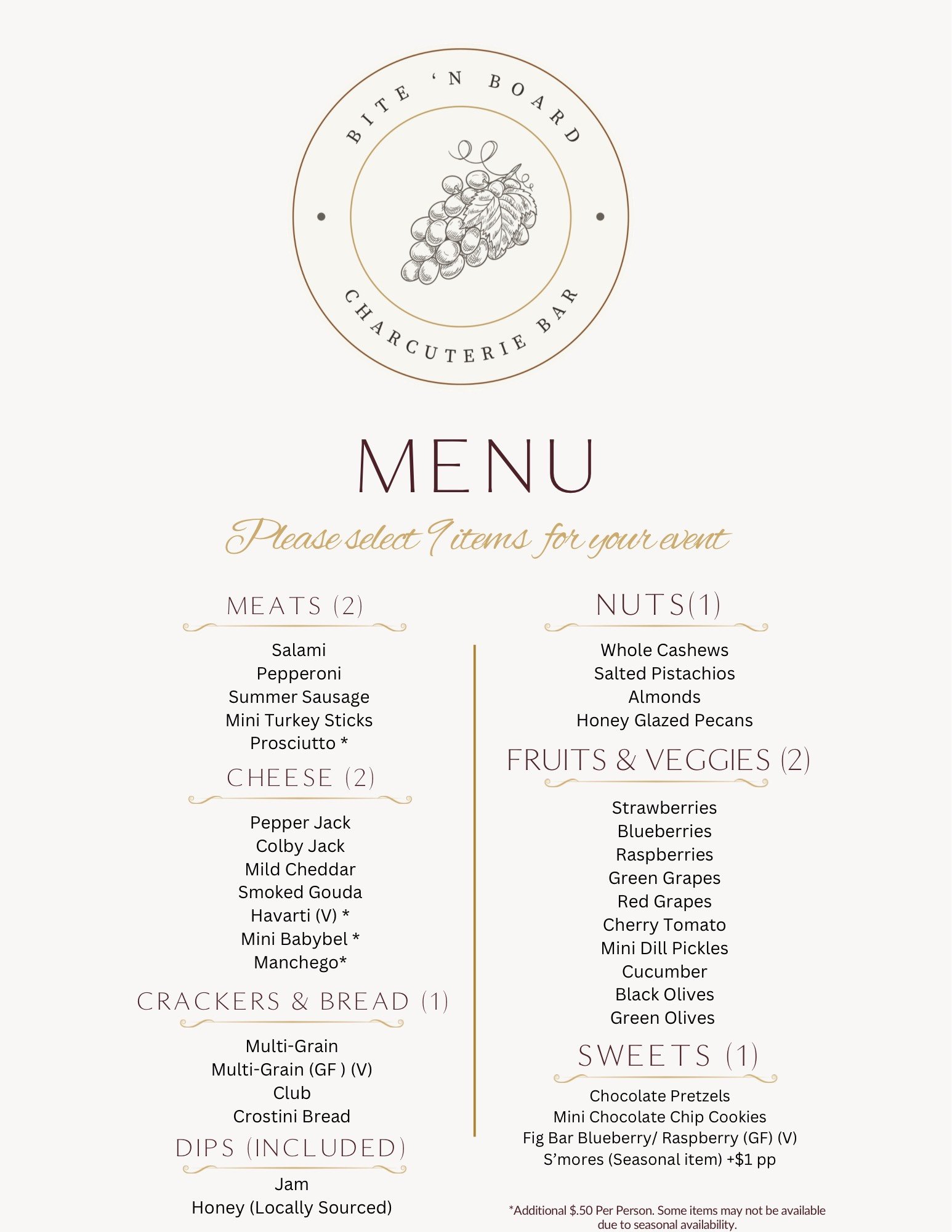 Menu for Bite 'N Board Charcuterie Bar with options including meats, cheeses, crackers, bread, dips, nuts, fruits, vegetables, and sweets.