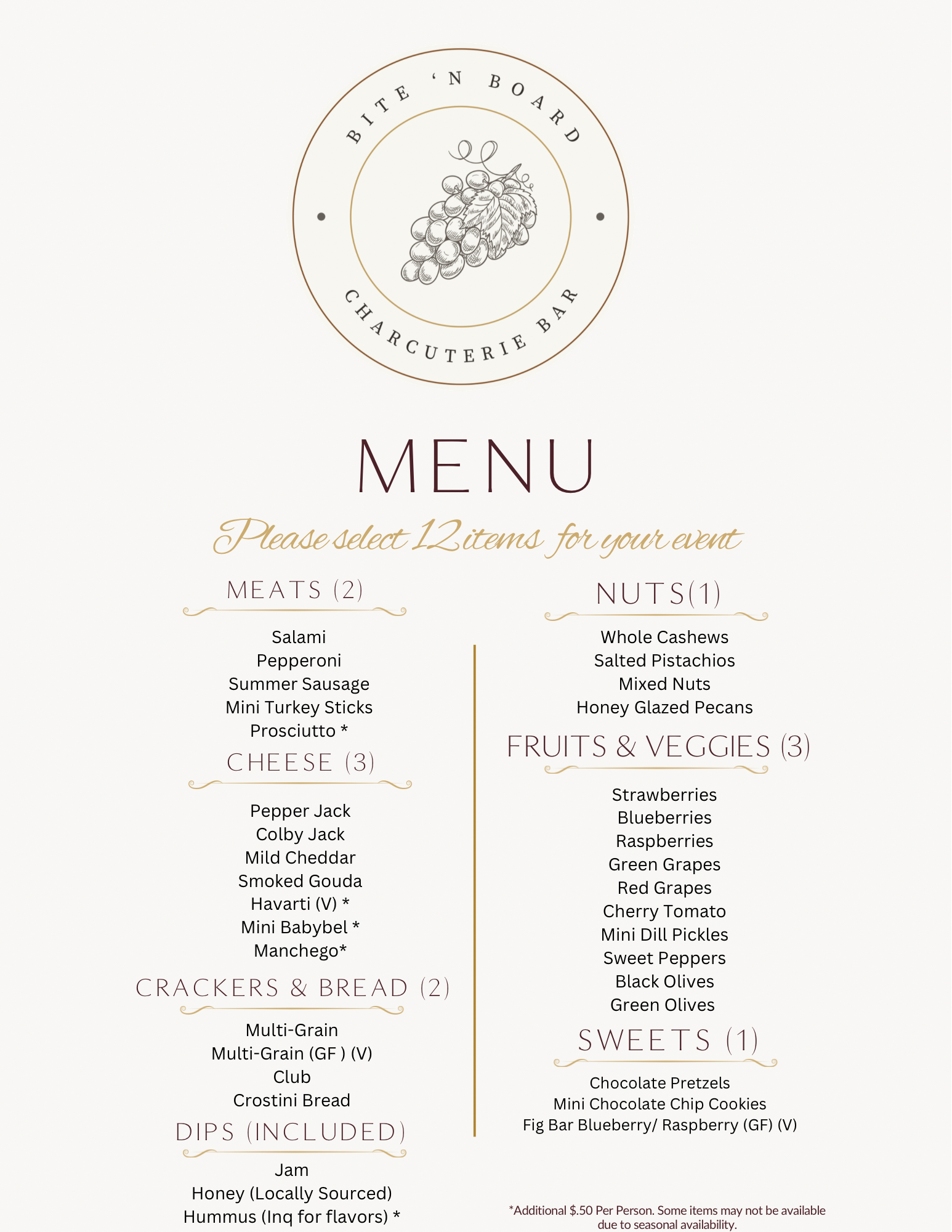 Menu selections for charcuterie cart (All you can graze)