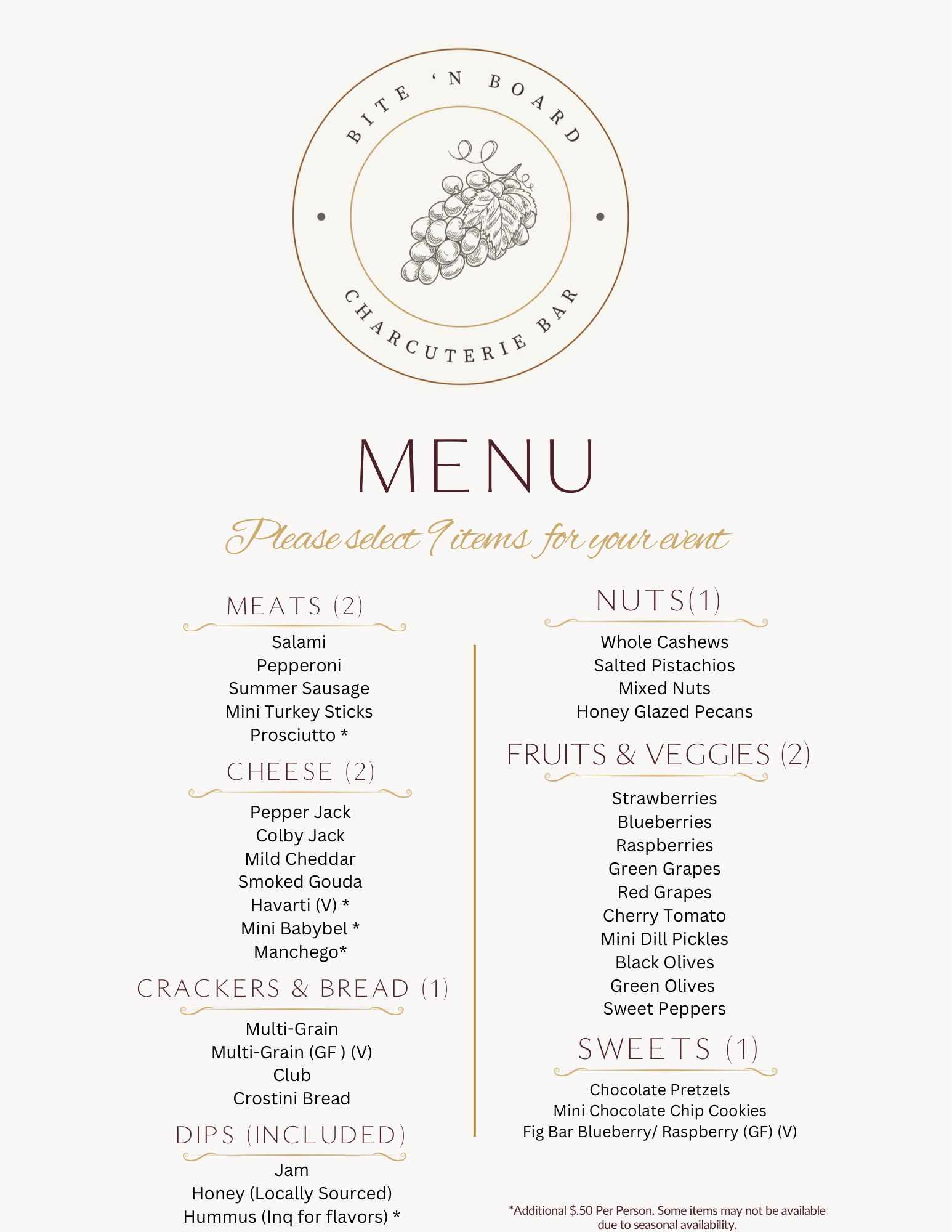 Menu selections for charcuterie cart package (Light Graze)