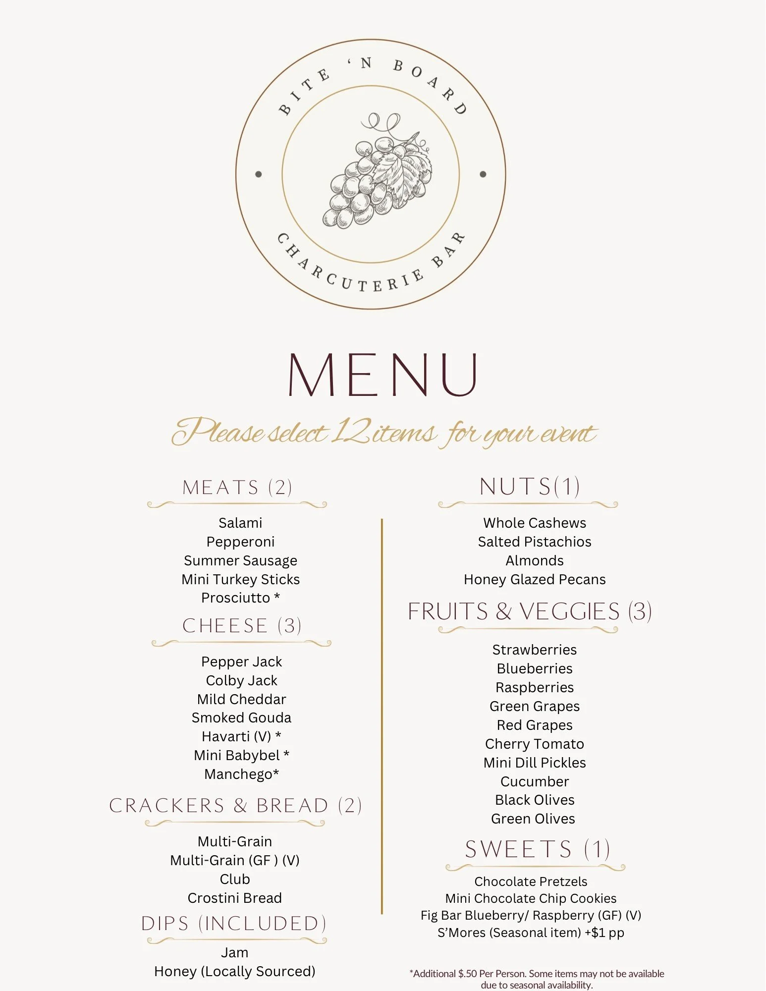Menu for Bite 'N Board Charcuterie Bar with the logo featuring a bunch of grapes. The menu lists items including meats, cheese, crackers & bread, dips, nuts, fruits & veggies, and sweets.