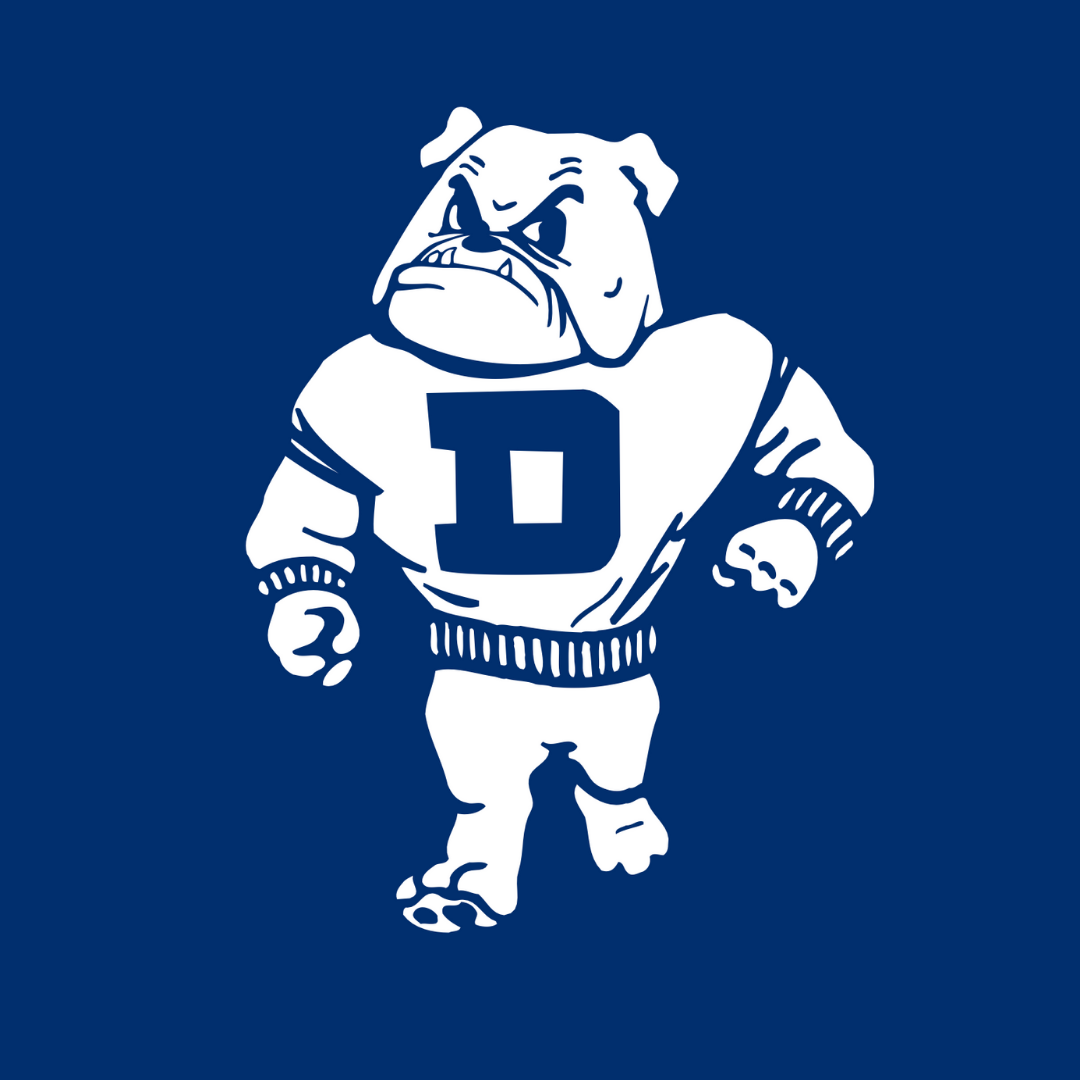 Stylized bulldog mascot with an angry expression, wearing a letterman jacket with the letter 'D', against a dark blue background.